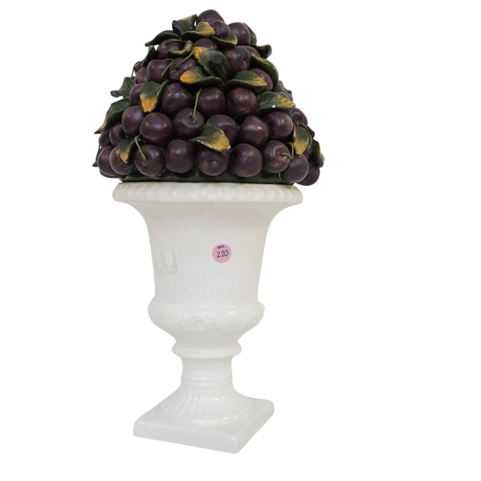 ITALIAN CAPODIMONTE POTTERY CHERRY TOPIARY: Italian Capodimonte Pottery Cherry Topiary. Measures approx. 17" x 8" in dia. and weighs 9 lbs. . **In house shipping available on this lot** If you win this lot, please select self arranged for in ho