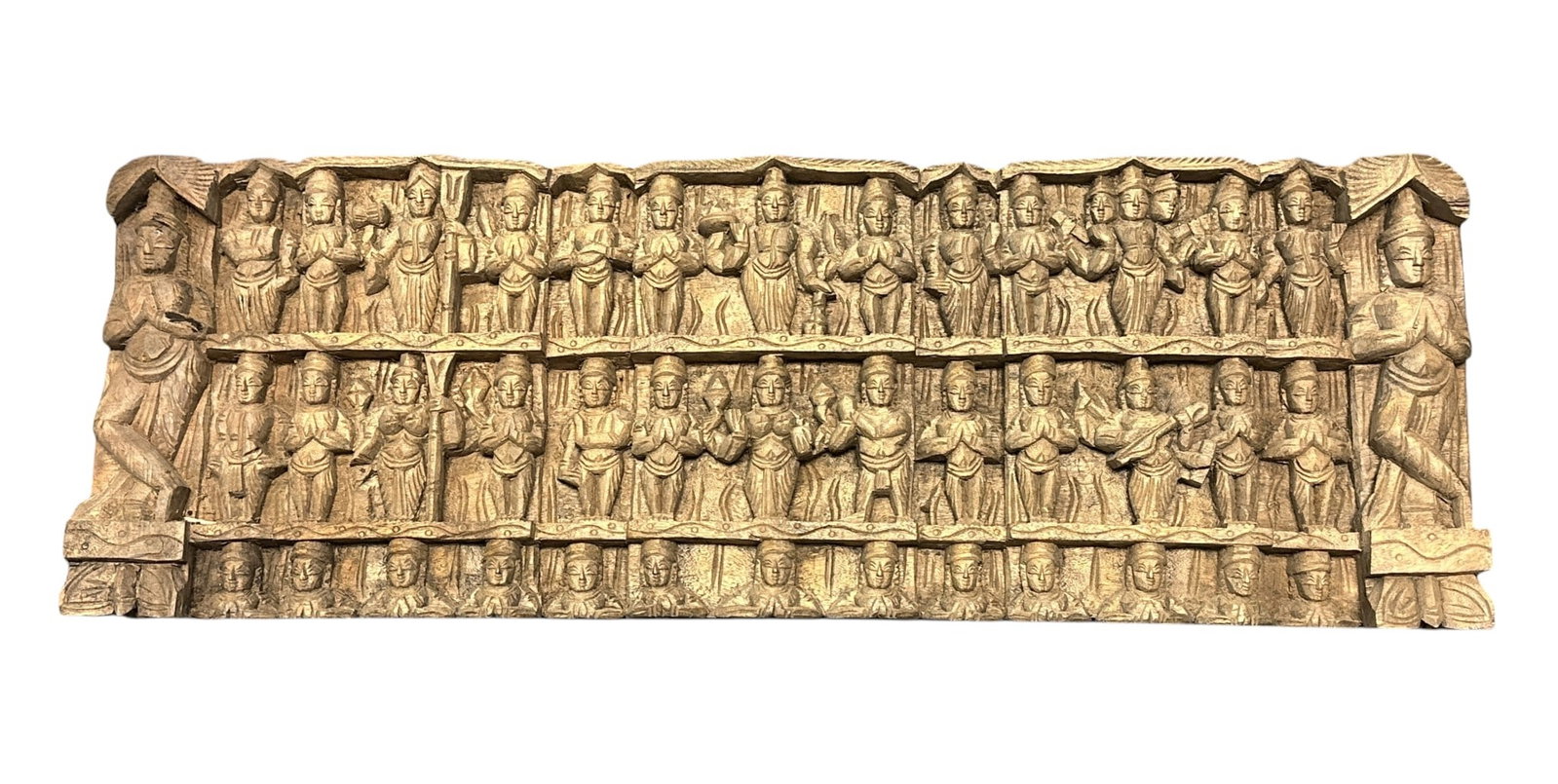 TIBETAN DEITY RELIEF CARVED WOOD WALL HANGING: Tibetan Deity Carved Wood Relief Wall Hanging. Measures approx. 24" x 8" x 2" and weighs 4 lbs.. **In house shipping available on this lot** If you win this lot, please select self arranged for in