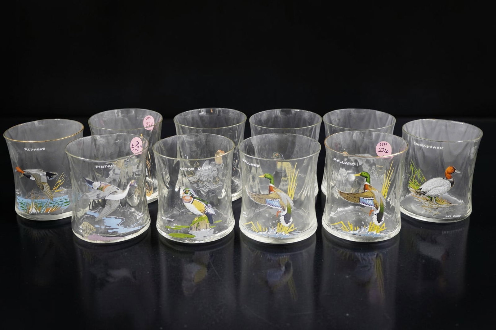 10 NED SMITH WATERFOWL OLD FASHIONED GLASSES: 10 Ned Smith Waterfowl Old Fashioned Glasses. Each measures approx. 3.75" x 3.5" in dia. and total lot weight is approx. 2 lbs. Provenance:16 Water Street, a beautifully appointed home, circa 1815,
