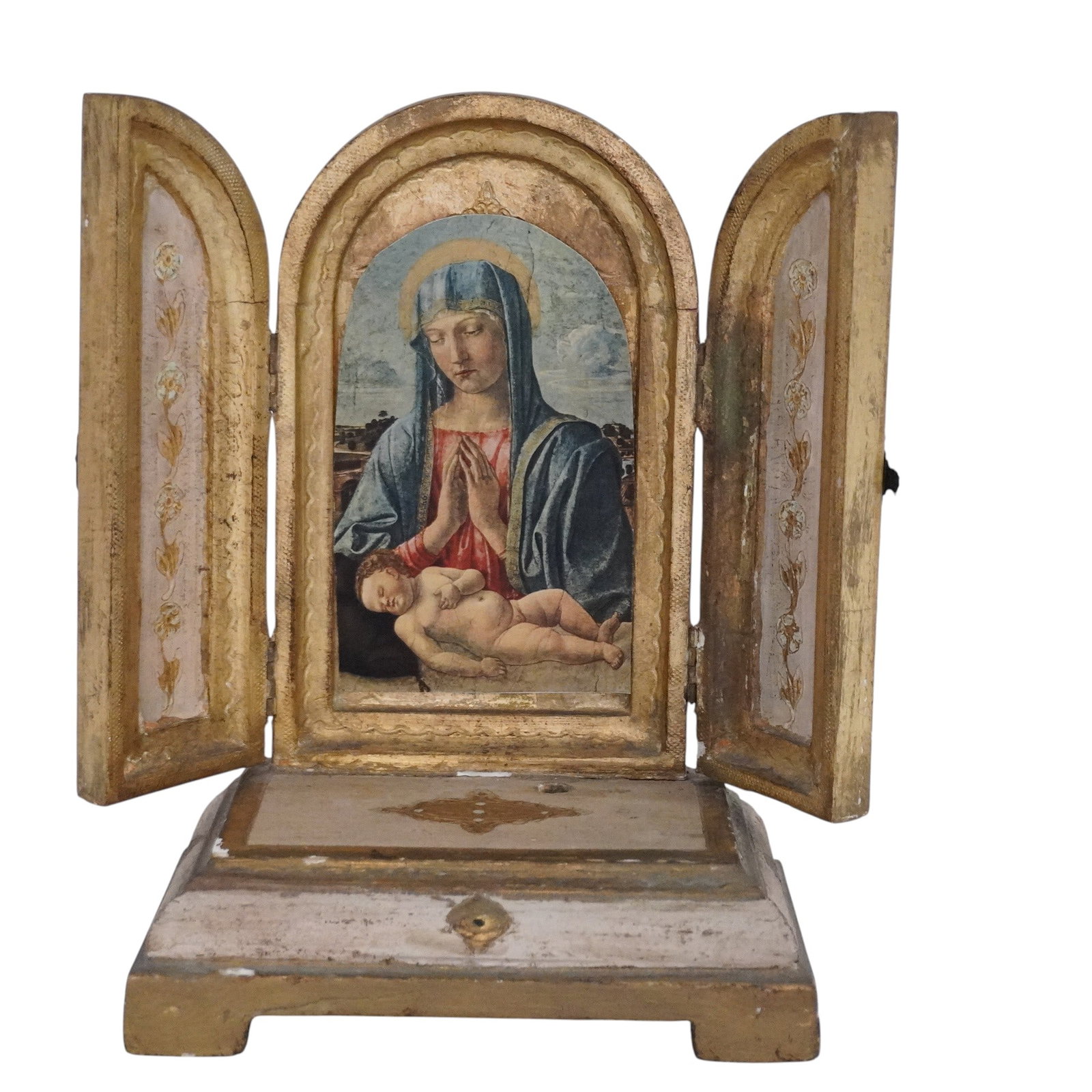 ITALIAN FLORENTINE WOOD TRIPTYCH MADONNA MUSIC BOX: Italian Florentine Wood Triptych Madonna Music Box. Measures approx. 4.25" x 6.5" x 9" and weighs 14.9 oz. . **In house shipping available on this lot** If you win this lot, please select self