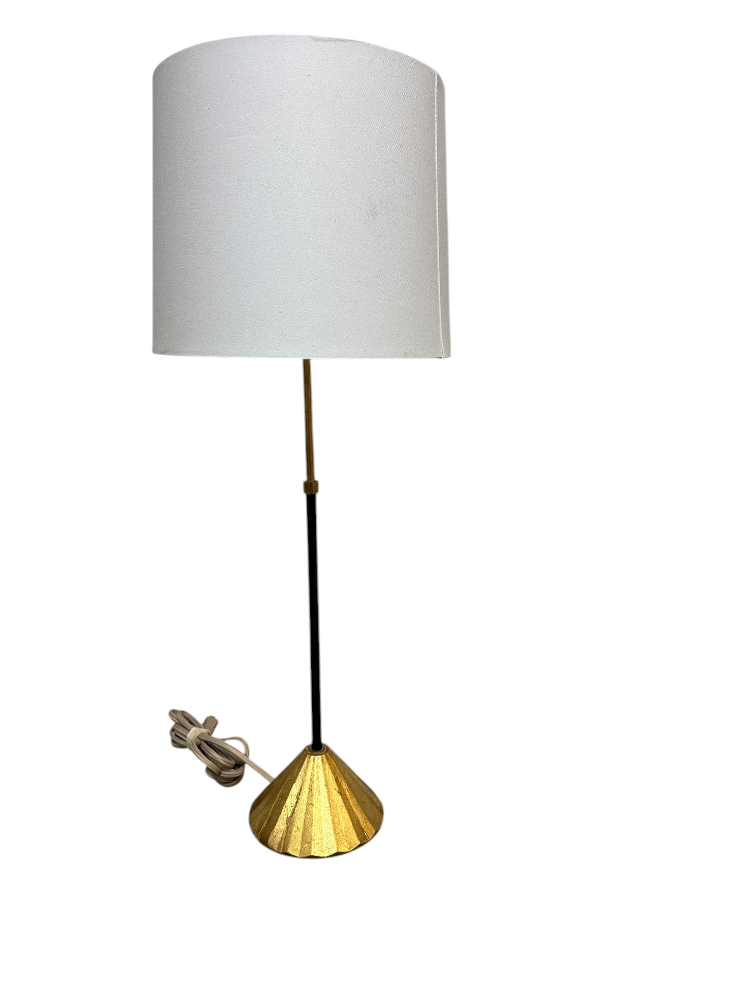 CLASSIC BLACK CANDLESTICK TABLE LAMP: Classic Black Candlestick Lamp and Cream Shade. Lamp measures 5'x5"x30" to top of finial. Shade measures 16"x16"x10 1/2". Weight 4 lbs. Provenance:16 Water Street, a beautifully appointed home, circa 