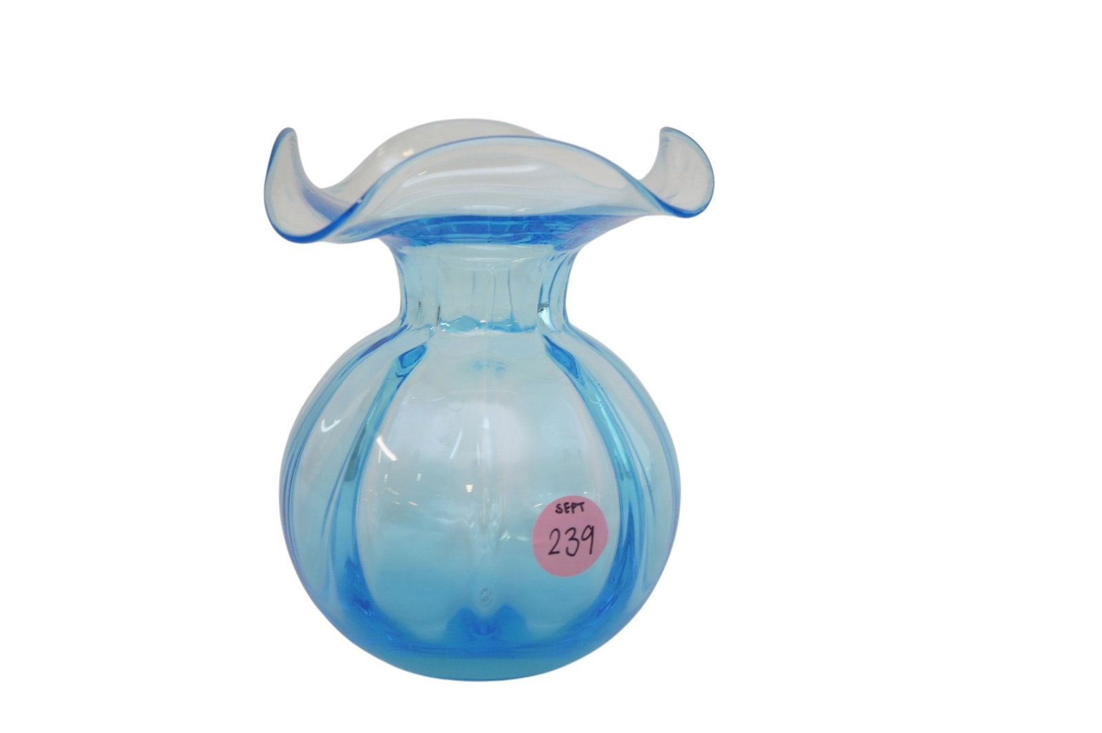 VIETRI HIBISCUS AQUA GLASS FLUTED VASE: Vietri Italian Hibiscus Aqua Glass Fluted Vase. Measures approx. 5.5" x 5" and weighs 1 lb. Provenance:16 Water Street, a beautifully appointed home, circa 1815, located in the heart of the