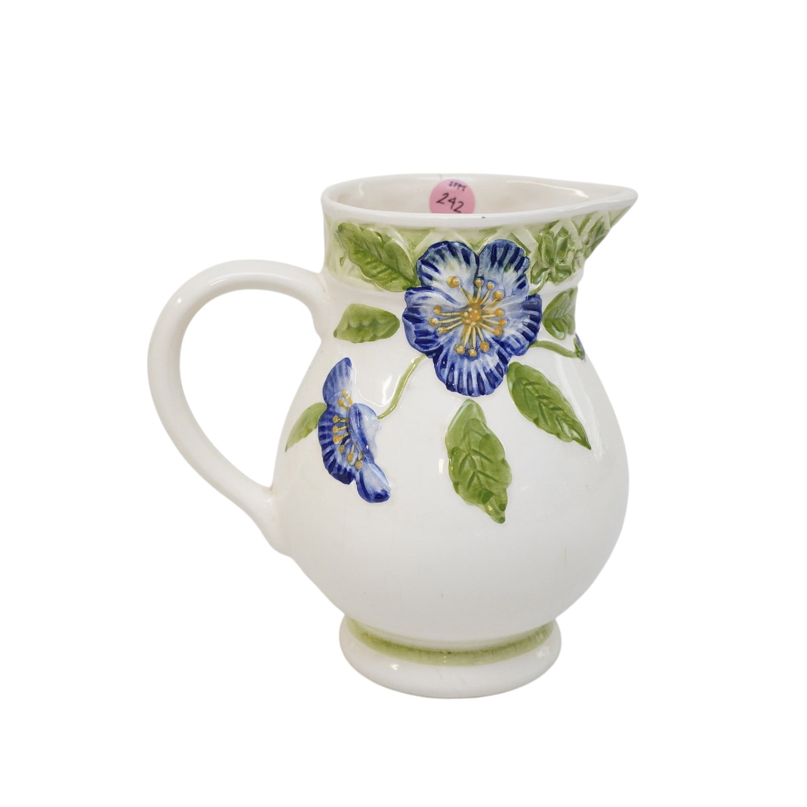 MAJOLICA STYLE CERAMIC PITCHER BY JAY WILLFRED FOR ANDREA BY SADEK: Majolica Style Ceramic Pitcher by Jay Willfred for Andrea by Sadek. Measures approx. 7.5" x 7.5" x 5" and weighs 1 lb 9 oz. **In house shipping available on this lot** If you win this lot, please sele