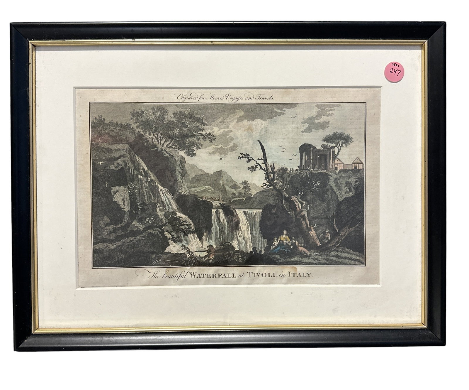 ANTIQUE 1778 COPPER PLATE ENGRAVING TIVOLI WATERFALL: Antique 1778 Copper Plate Engraving "The Beautiful Waterfall atTivoli, in Italy". Engraved for and publishedi n John Hamilton Moore's popular travel book A New Collectionof Voyages and Travels. In
