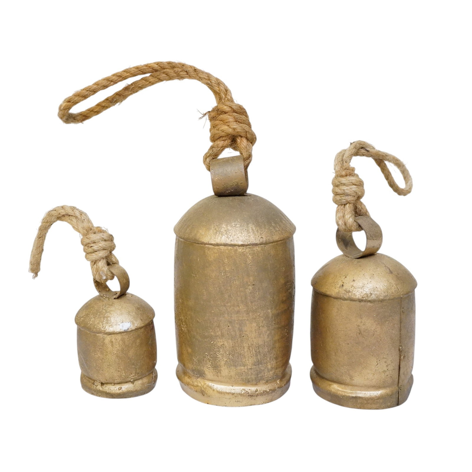 SET OF 3 RUSTIC TIBETAN MEDITATION BELLS: Set of 3 Rustic Tibetan Meditation Bells. Largest measures approx. 15" (to top of rope) and 4" in dia., total lot weight is 1 lb 5 oz. . **In house shipping available on this lot** If you win this lot