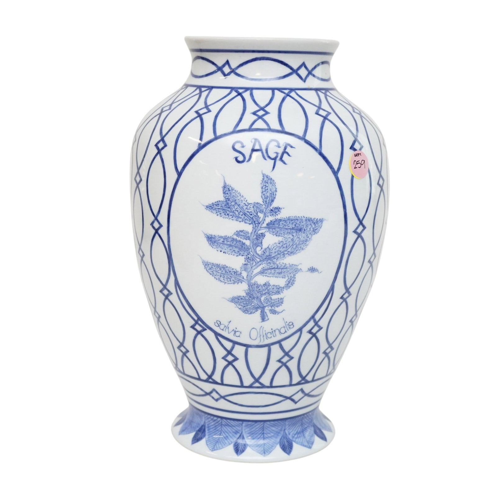 MAITLAND SMITH SAGE APOTHECARY BLUE AND WHITE POTTERY JAR VASE: Maitland Smith Sage Apothecary Blue and White Porcelain Jar Vase. Measures approx. 11.75" x 4.5" and weighs 4 lbs 4 oz. . **In house shipping available on this lot** If you win this lot, please select