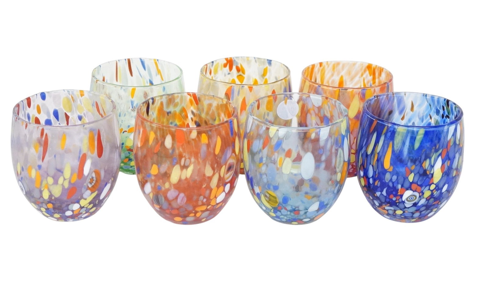 SET OF 7 MURANO STEMLESS WINE GLASSES: Set of 7 Murano Stemless Wine Glasses. Each measures approx. 3.75" x 3" in dia. total lot weight is approx. 1 lb Provenance:16 Water Street, a beautifully appointed home, circa 1815, located in the he