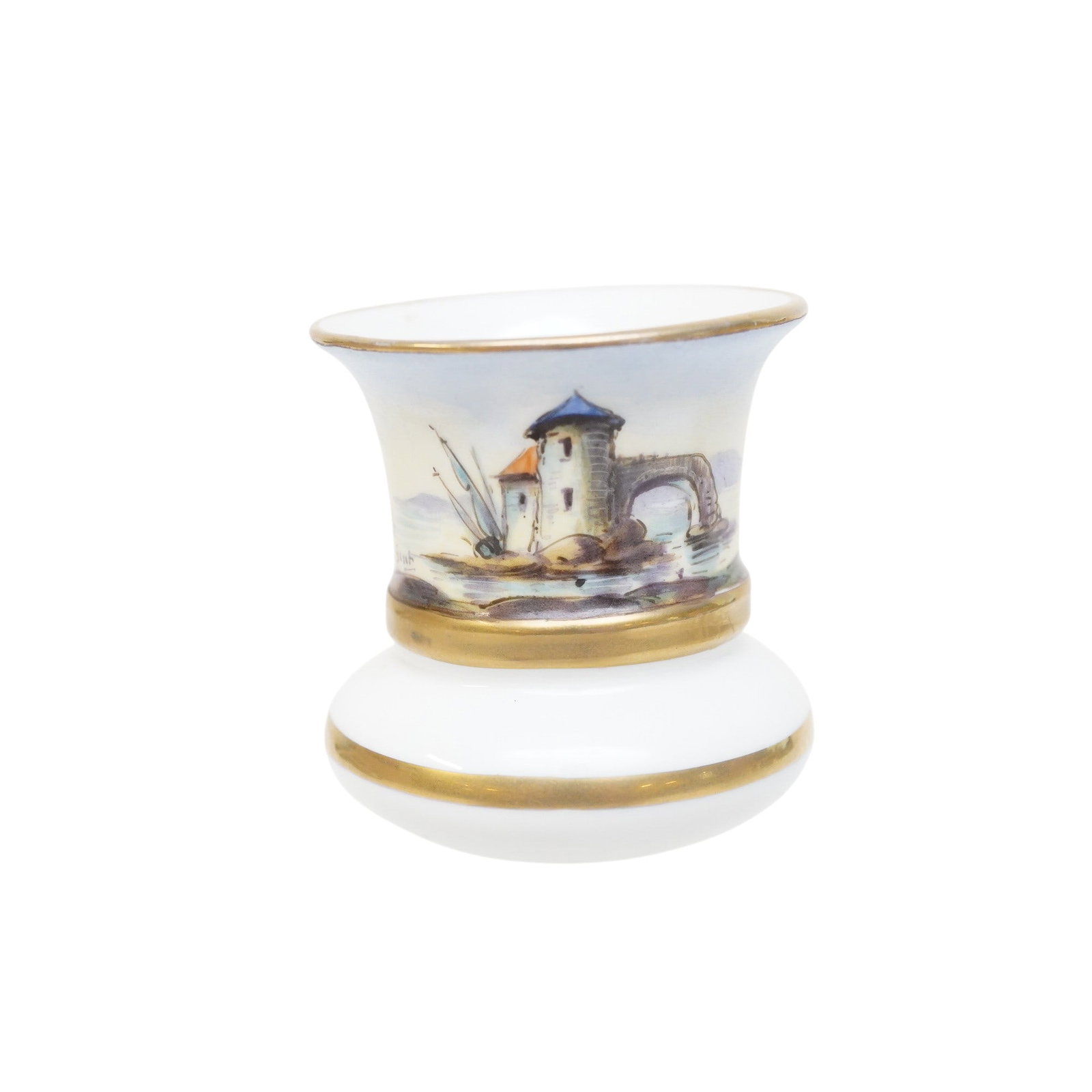 ANTIQUE HAND PAINTED MARITIME FRENCH SPILL VASE: Antique Hand Painted Sevres Style French Maritime Small Porcelain Spill Vase measures 2 1/2". Artist signed. Weight 3 oz. Provenance:16 Water Street, a beautifully appointed home, circa 1815, located 
