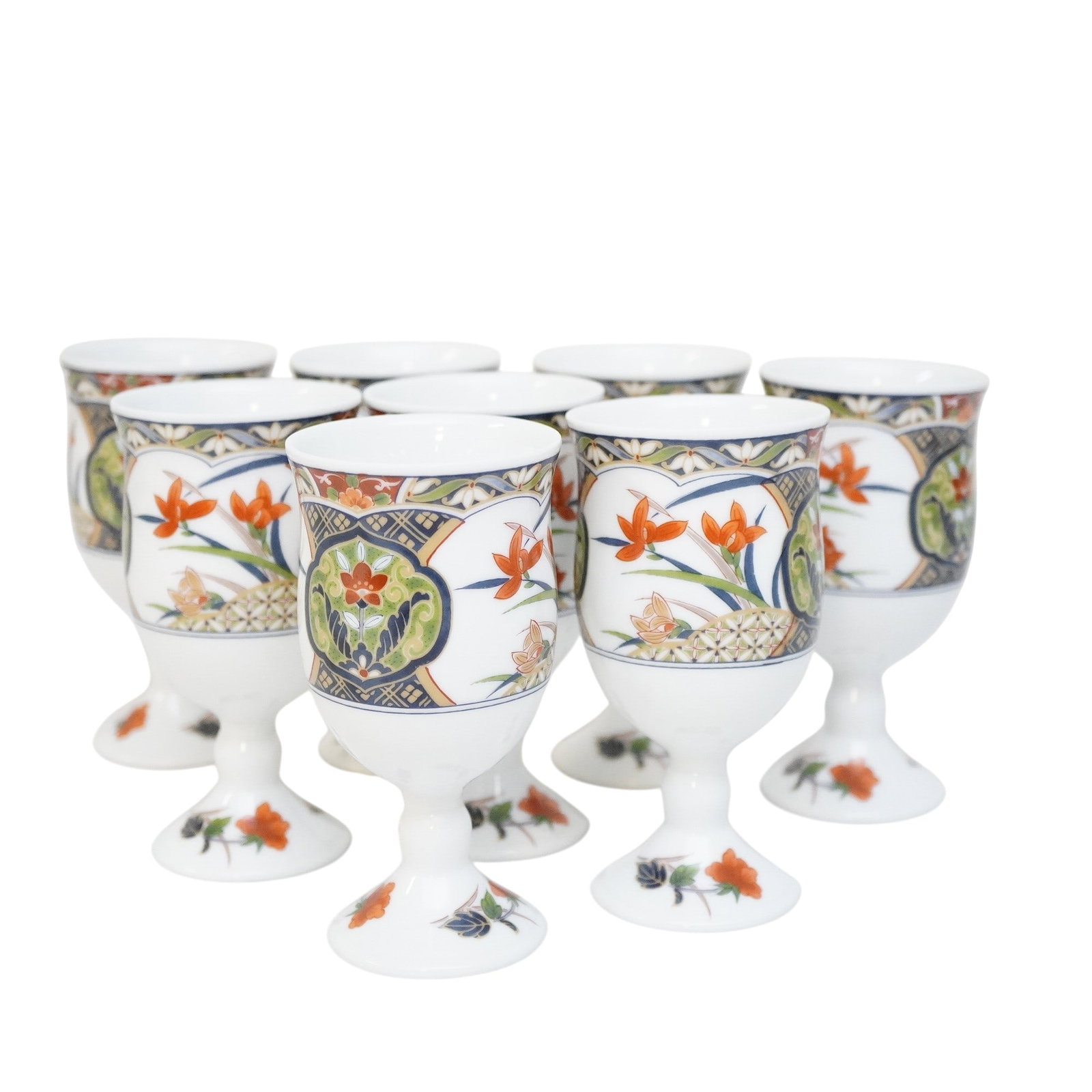 8 ARITA WARE DAIKI TOUEN FLORAL PATTERN CERAMIC WINE CUPS: 8 Arita Ware Daiki Touen Floral Pattern Ceramic Wine Cups. Each measures approx. 4.5" x 2.5" and total lot weight approx. 2 lbs.