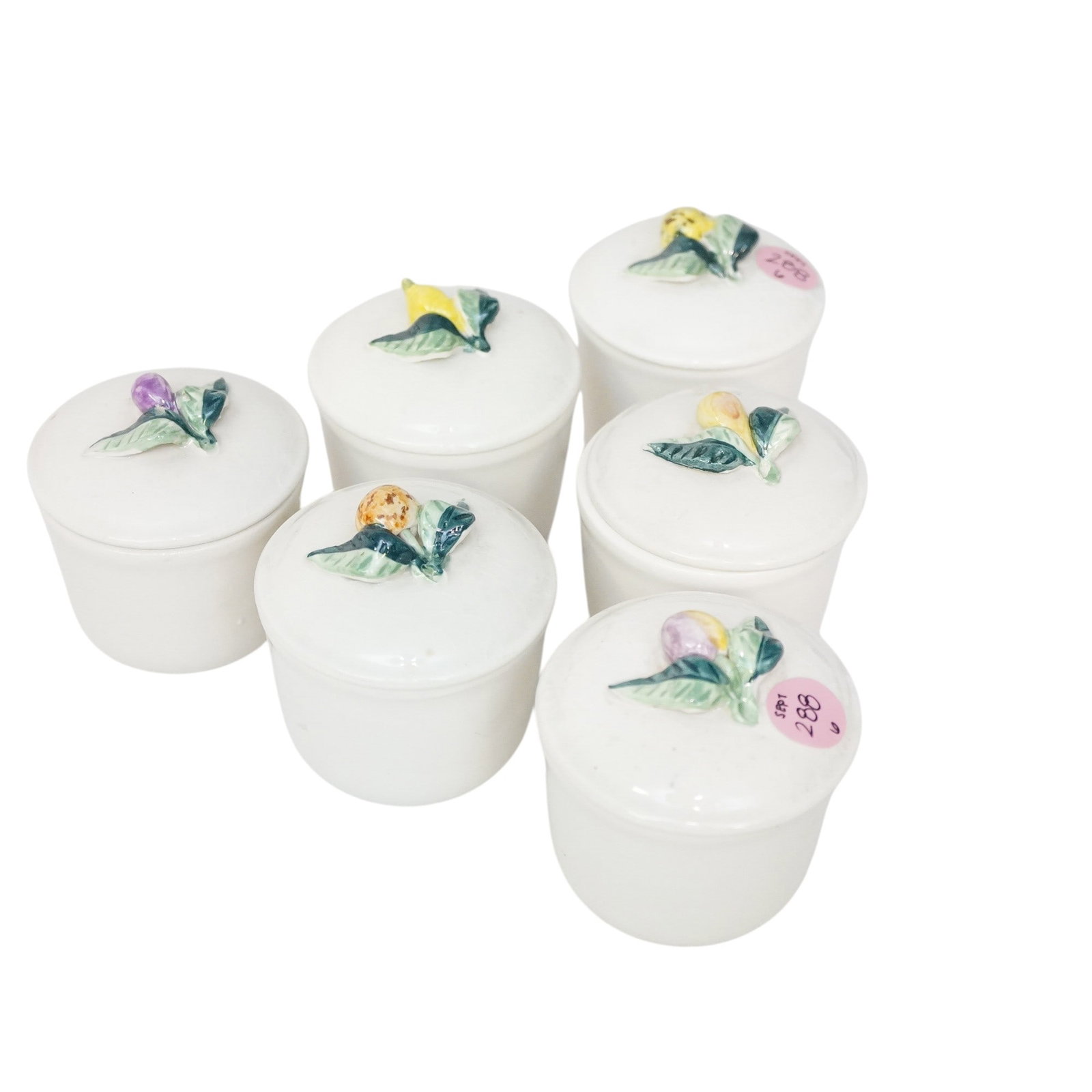 6 MAJOLICA STYLE PORTUGAL POTTERY LIDDED JAM JARS: 6 Majolica Style Portugal Pottery Lidded Jam Jars. Each measures approx. 2.5" x 3" and total lot weight is 2 lbs **In house shipping available on this lot** If you win this lot, please select self arr