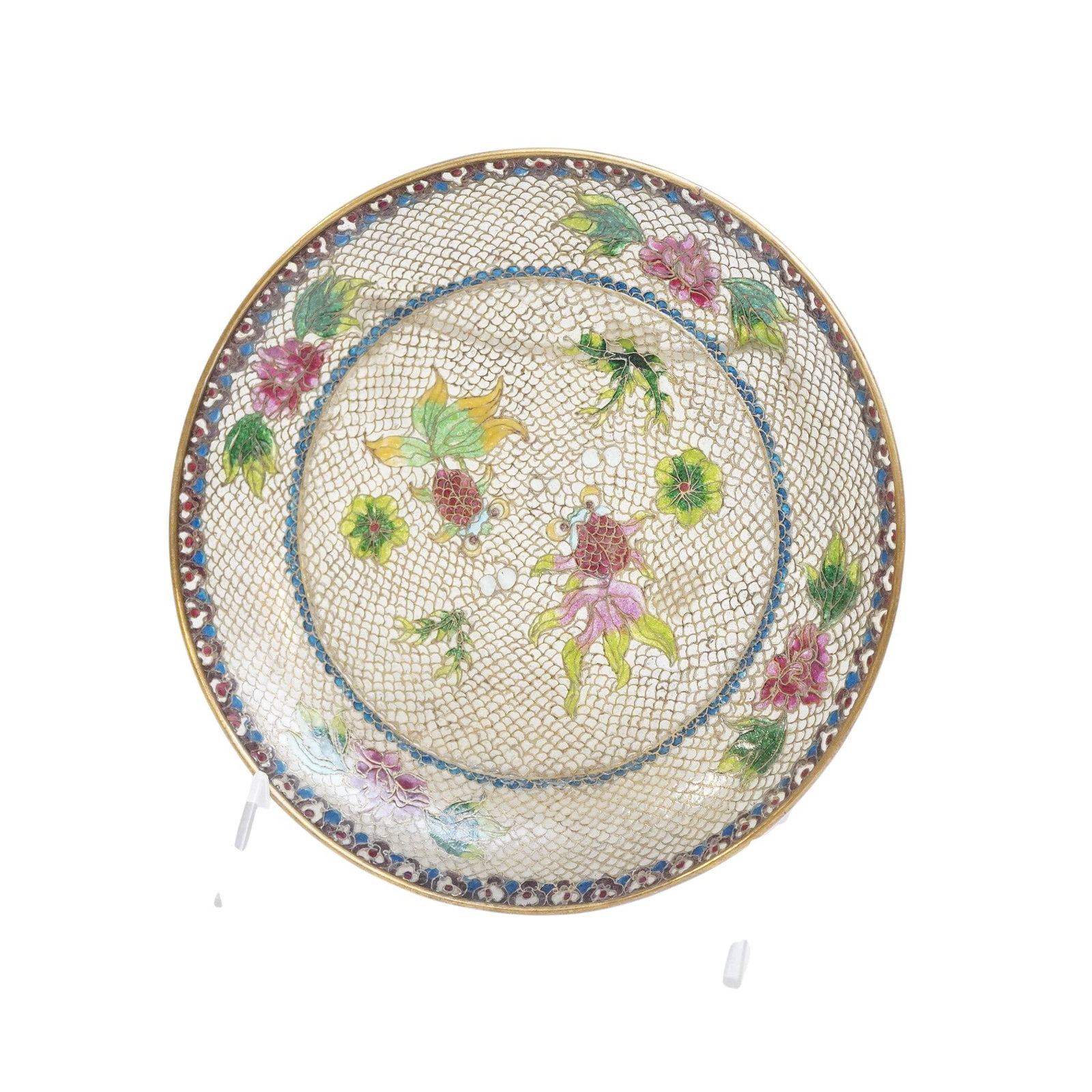 PLIQUE-A-JOUR CHINESE CLOISONNE GOLDFISH PLATE: Plique-A-Jour Chinese Cloisonne Goldish Plate in Display Box. Plate is 7" in dia. and total lot weight is 2 lbs . **In house shipping available on this lot** If you win this lot, please select self ar