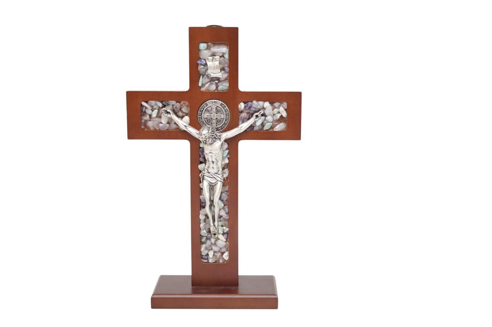 ST. BENEDICT TABLE TOP ITALIAN CROSS: St. Benedict Table Top Italian Cross with Semi-Precious Stones. Measures approx. 6.5" x 10" x 2.25" and weighs 12 oz. . **In house shipping available on this lot** If you win this lot, please select s
