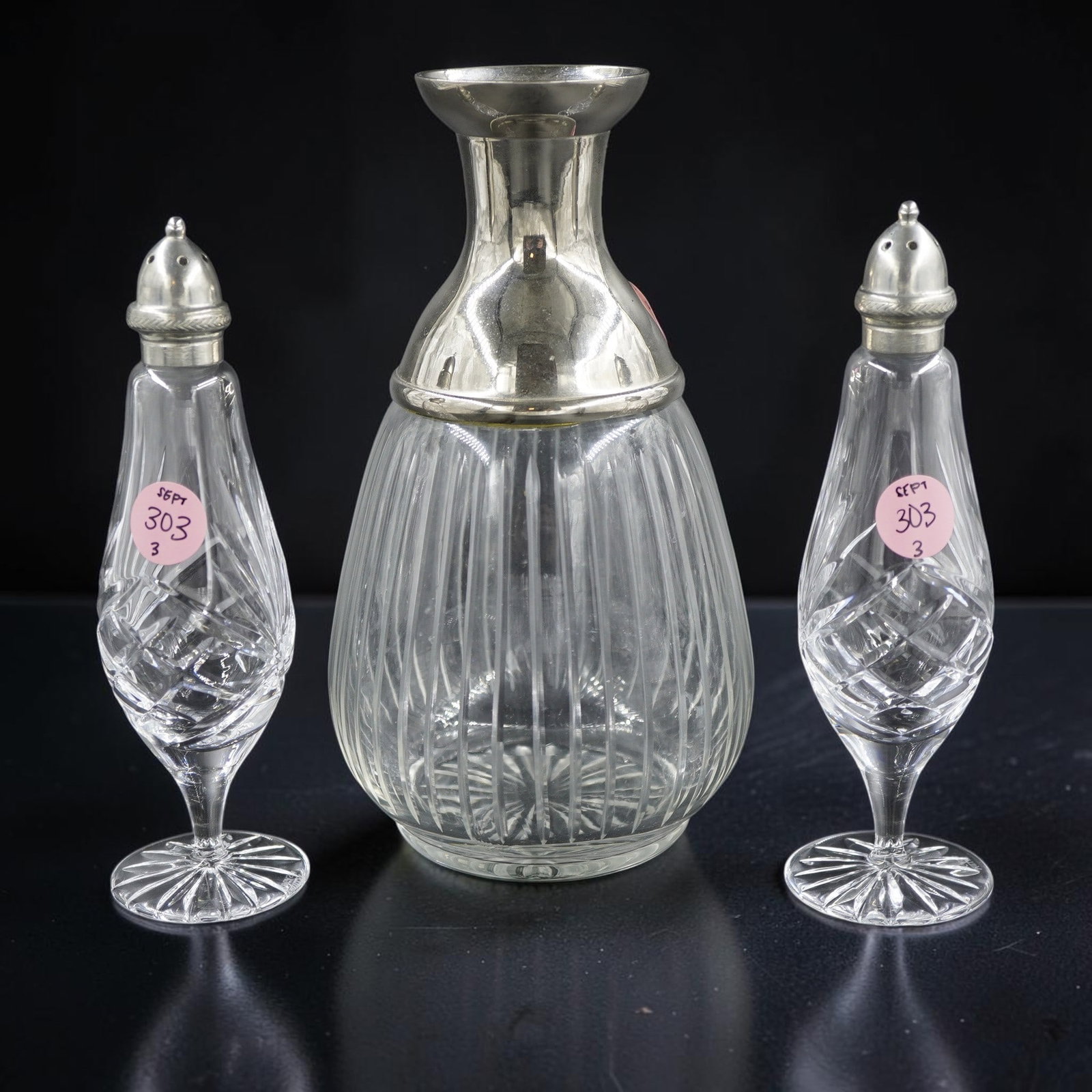 3 PIECE VINTAGE SILVER PLATE AND CRYSTAL: 3 pieces of Vintage Silver Plate and Crystal. Includes S&P and decanter. Lagrest is decanter which measures approx. 7.5" x 4" in dia., total lot weight is 1 lb 13 oz. . **In house shipping available o