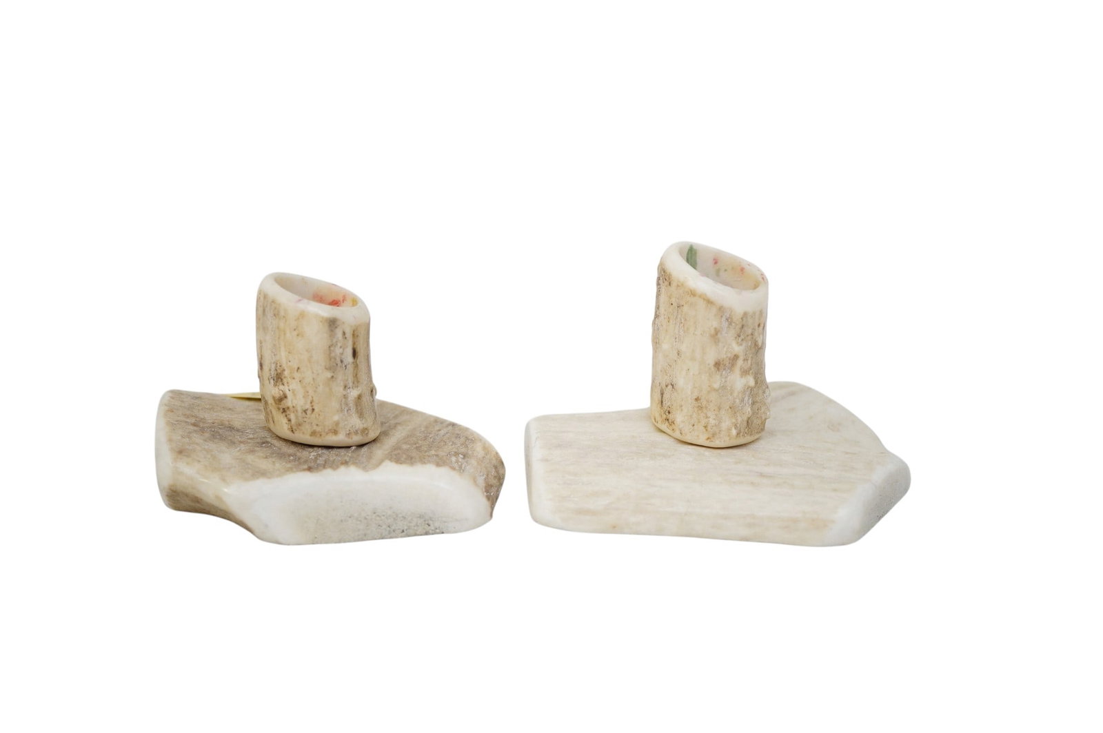 PAIR 1920-30S HANDMADE ANTLER CANDLESTICKS: Pair of Antique 1920-30s Handmade Antler Candlesticks. Each 4"x3"x2 1/2". Weight 8 oz **In house shipping available on this lot** If you win this lot, please select self arranged for in house shipping