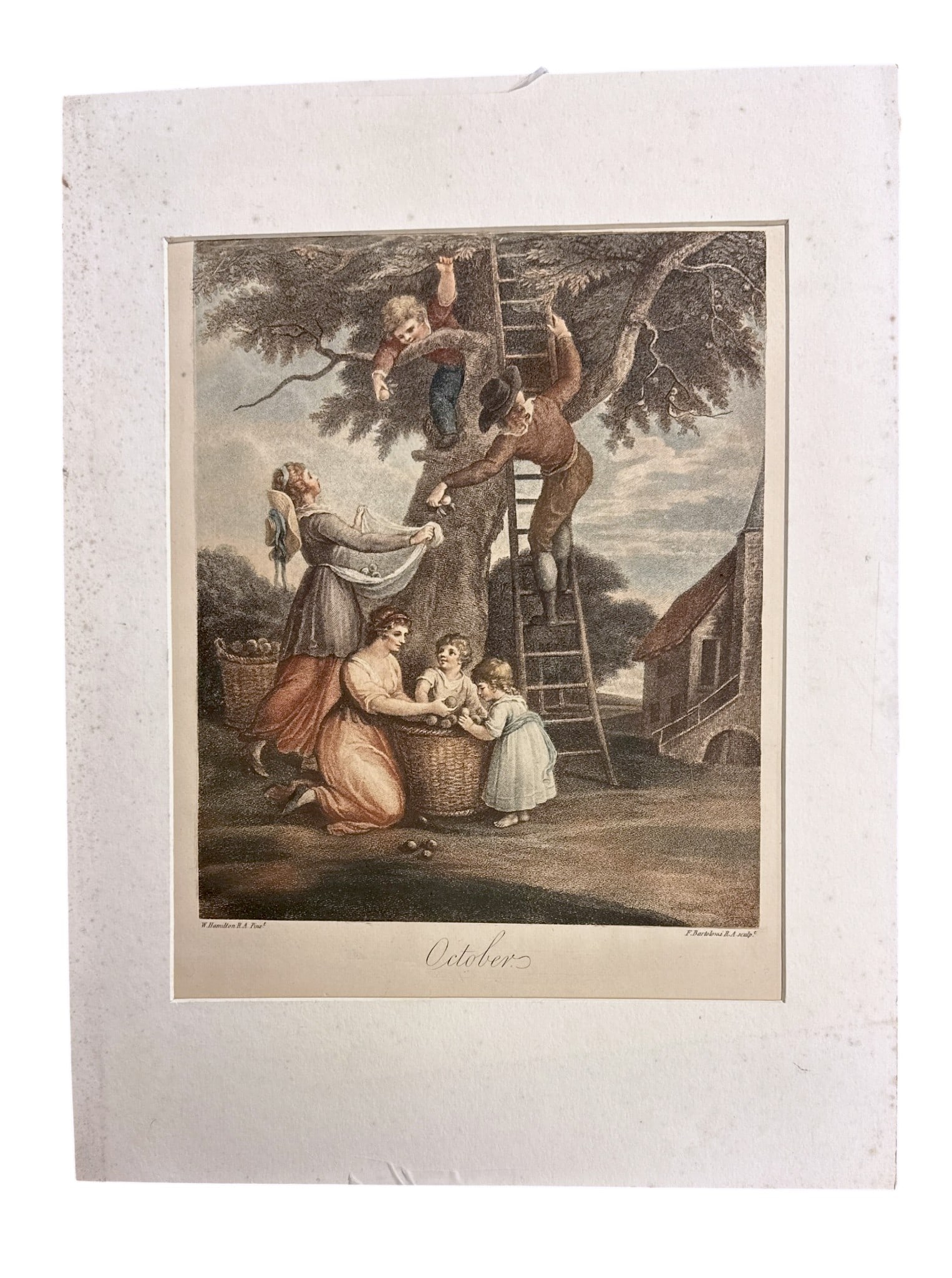 ANTIQUE 1793 OCTOBER HAND COLORED ENGRAVING WILLIAM HAMILTON: Antique Hand Colored Stipple Engraving originally painted by William Hamilton and engraved by Francesco Bartolozzi in 1793. 19 1/2x14 1/4". Weight 1 lb **In house shipping available on this lot** If y