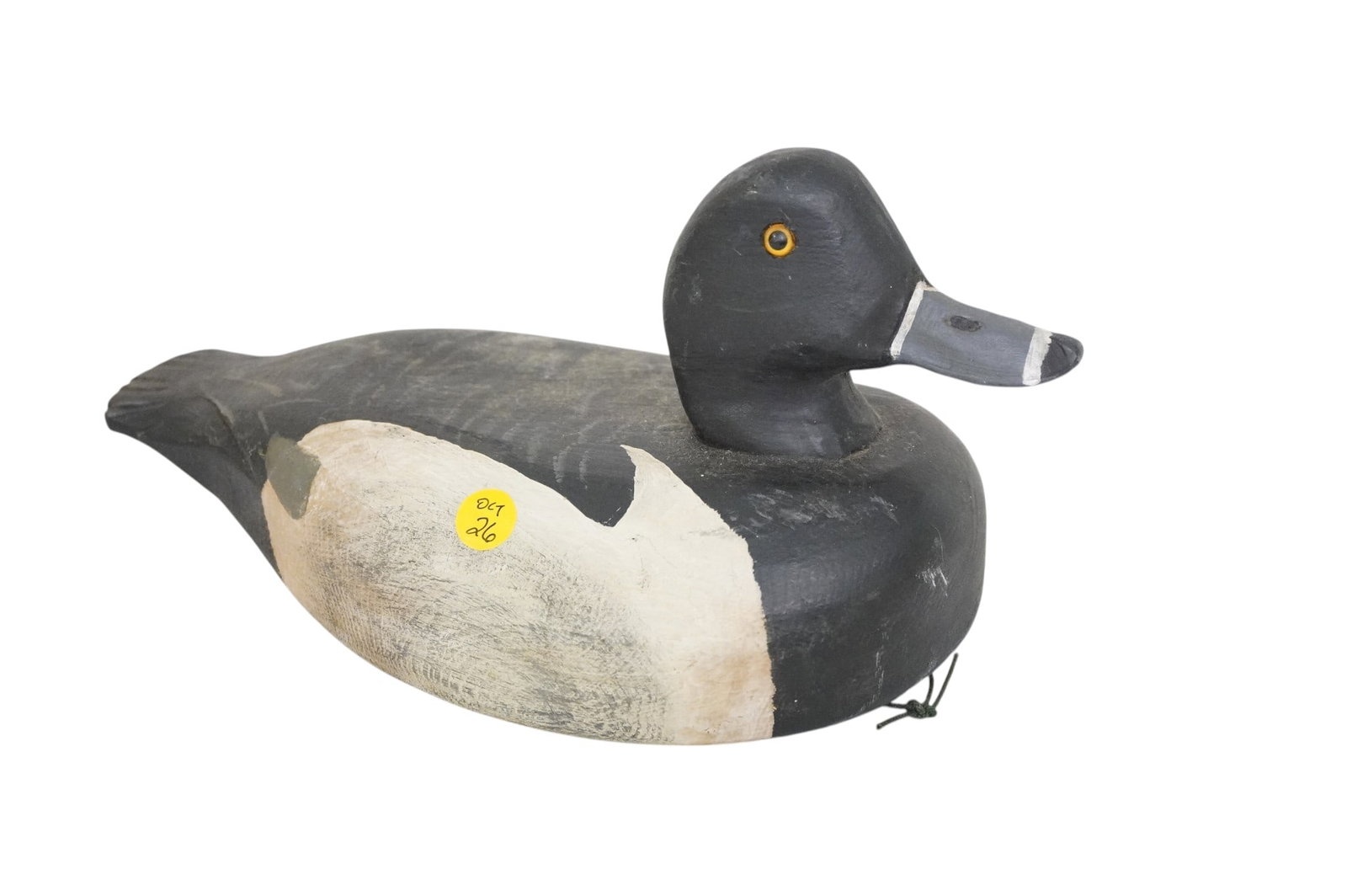 VINTAGE HAND CARVED BLUEBILL DRAKE DUCK DECOY: Vintage Hand Carved and Hand Painted Bluebill (Scaup). Glass eyes. Measures 13"x6 3/4"x7" Weight 2 lbs. Provenance: Gippy Plantation, Avenue of Oaks, Berkeley County, SC. **In house shipping available