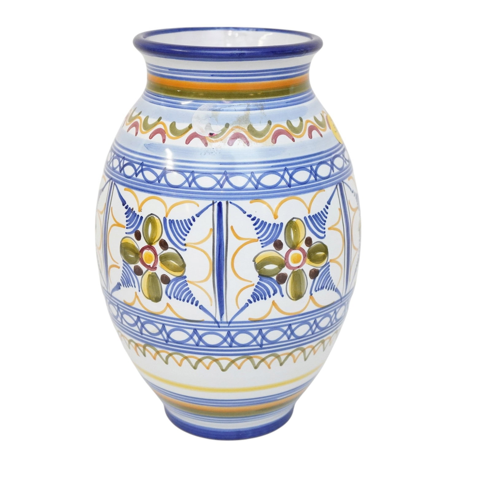 VINTAGE HAND PAINTED SPANISH MAJOLICA VASE: Vintage Hand Painted Spanish Majolica Vase from studio De la Cal Barreira in Puente del Arzobispo Spain. Measures 6"x6"x9 1/2". Weight 2 lbs 5 oz **In house shipping available on this lot** If you win
