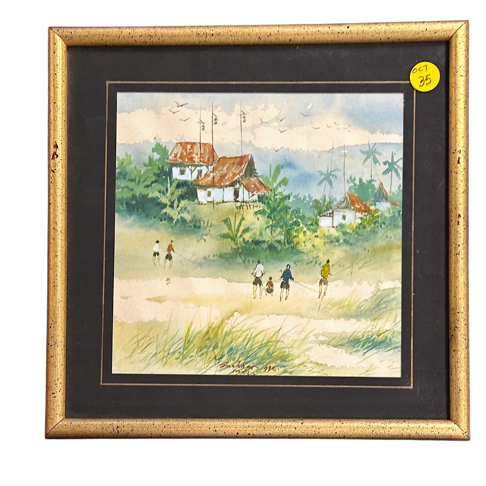 VINTAGE JAKARTA INDONESIA ORIGINAL VILLAGE WATERCOLOR: Vintage Original Jakarta Indonesia Village Life Watercolor. Signed. In frame measures 11"x11"x1/2". Weight 1 lb. **In house shipping available on this lot** If you win this lot, please select self arr