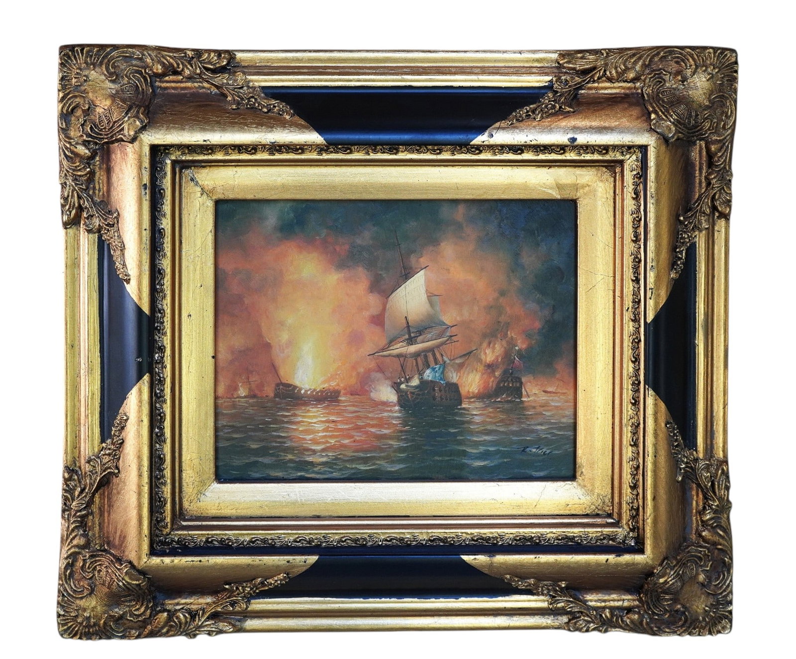DUTCH MARITIME BATTLE SCENE AT SEA OIL ON BOARD R. TRIER: Vintage Dutch Maritime Battle Scene at Sea Oil on Board signed R. Trier. In ornate gilt and black frame. In frame 18"x16"x2". Weight 4 lbs. **In house shipping available on this lot** If you win this 