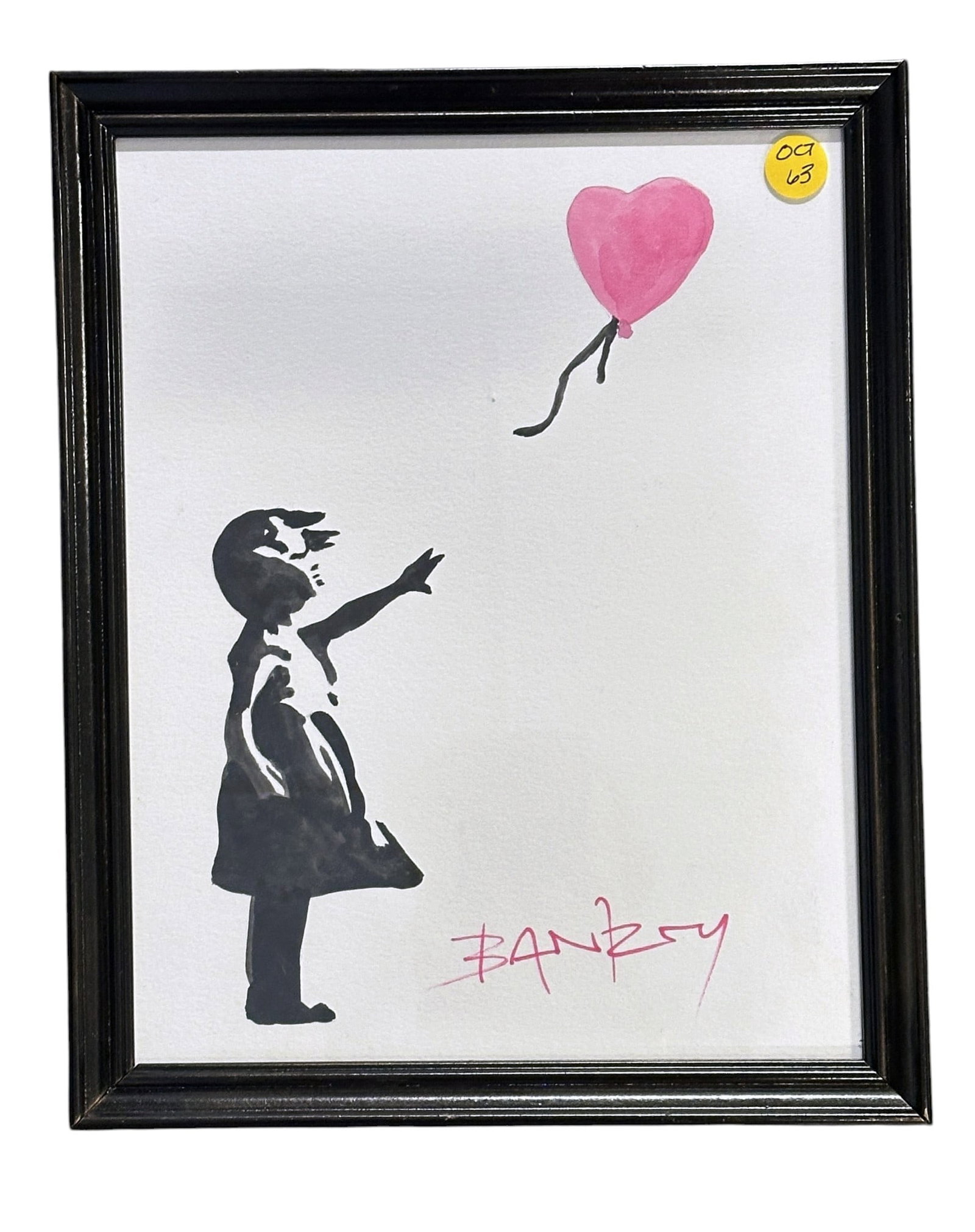 AFTER BANKSY MIXED MEDIA CHILD WITH RED BALLOON: After Banksy "Girl with Balloon", mixed media on paper, approx. 9" X 11". In frame measures 10 1/4"x12 1/2"x1" Weight 1 lb 7 oz. This mixed media marker drawing, in the style of Banksy, captures the p