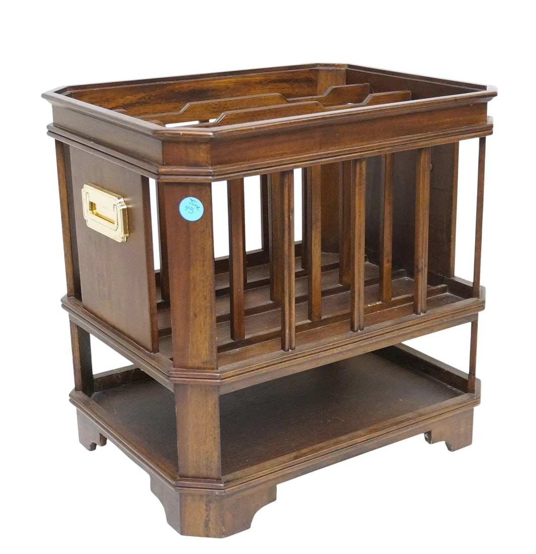 SELAMAT DESIGNS MAHOGANY CANTERBURY: Campaign style mahogany canterbury magazine rack by Selamat Designs is inspired by 19th-century British Colonial and Campaign furniture. Crafted from mahogany with a rich, dark finish, the piece featu