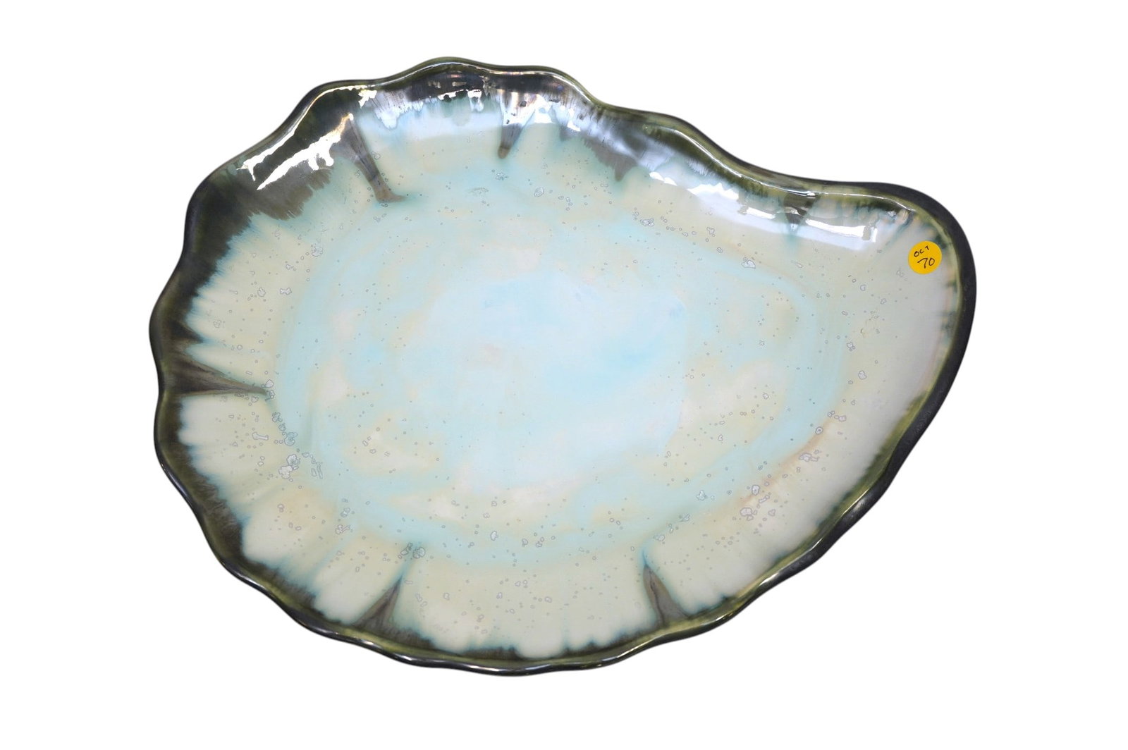 ALISON EVANS AE LARGE OYSTER PLATTER MAINE HAND CRAFTED: AE Ceramics Alison Evans Oyster Serving Platter in Mint and Charcoal. Handcrafted in Boothbay Harbor, Maine. Measures 18 1/2"x15"x1 1/2". Weight 4 lbs. Provenance:16 Water Street, a beautifully appoin