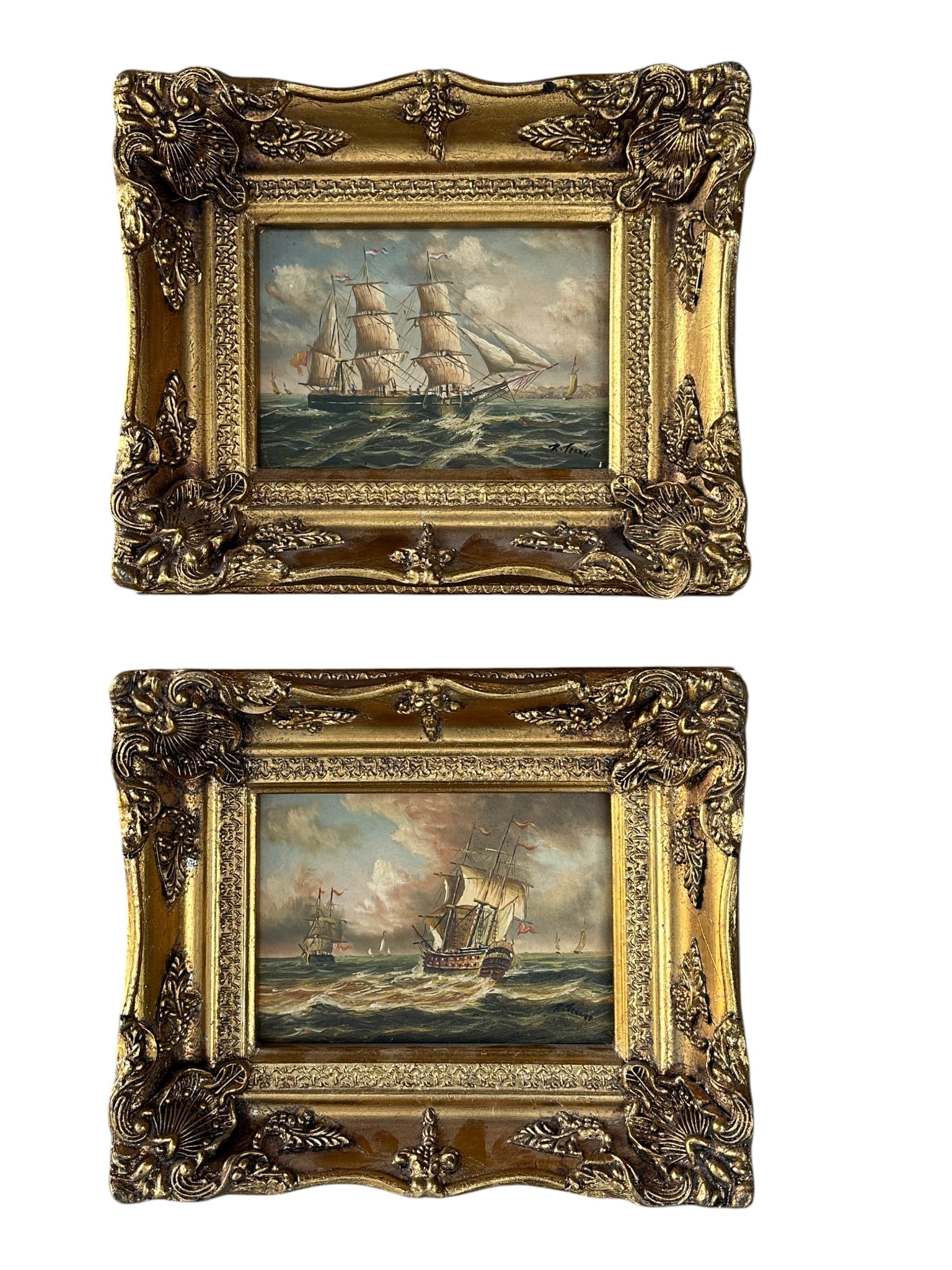 PAIR DUTCH MARITIME OIL ON BOARD IN ORNATE FRAMES: Pair of well done Dutch Maritime Oil on Panel of 3 Masted Ships at Sea. Both signed Terwee. In Ornate carved wood & gesso frames Each measures 11 1/4"x9 1/2"x2 1/4". Weight combined 5 lbs