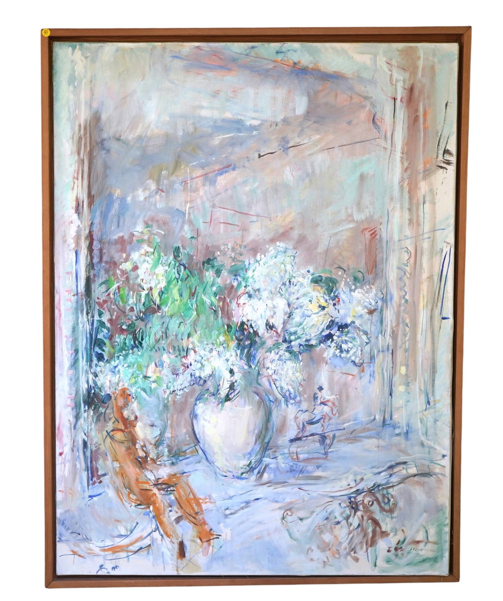 LARGE VINTAGE IMPRESSIONIST STILL LIFE - ALEXANDRE MARIE GRASSIN: Large Vintage Floral Still Life Oil on Linen signed Grassin. Alexandre Marie Grassin (French, born 1883) Impressionist Floral arrangement on windowsill with articulated wooden artist model. His oeuvre