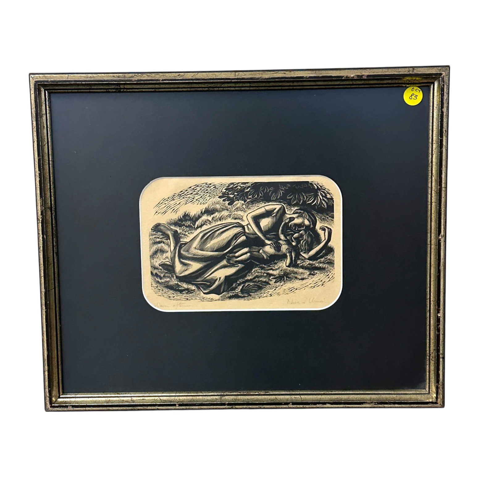 MID CENTURY WOODCUT ENGRAVING NORA SPICER UNWIN SIGNED: True Mid Century 1952 Woodcut Engraving by Nora Spicer Unwin (1907-1982) titled "Warm Afternoon", signed and titled in pencil by the artist. In frame measures 17"x14 1/4"x1". Weight 2 lbs 2 oz Nora S.