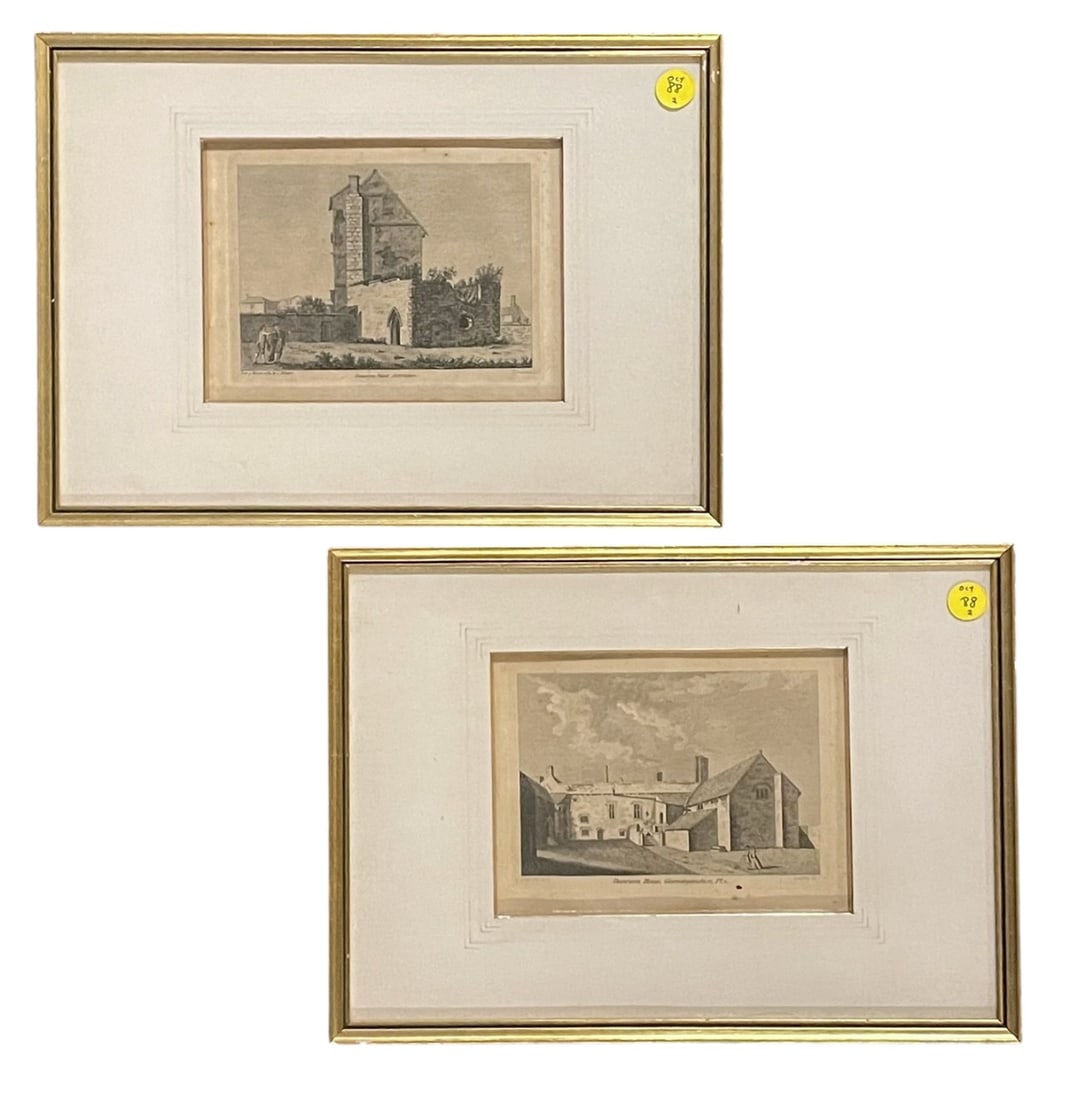 PAIR 18TH C COPPER PLATE ENGRAVINGS: Two (2) Antique Copper Plate Engravings. Beaumont Palace published 1785 and Dunraven House published in 1776. Both professionally framed and matted in gilt wood frames. In frames each 14"x10"x 1/2". W