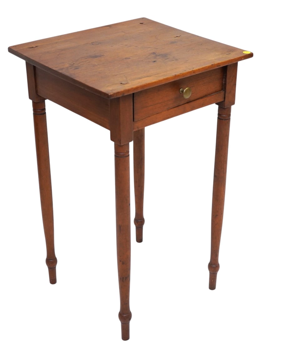 ANTIQUE SHERATON CHERRY ONE DRAWER WORK STAND: Antique American Sheraton One Drawer Work Stand. Measuress 17"x18"x29"tall. Provenance:16 Water Street, a beautifully appointed home, circa 1815, located in the heart of the Charleston, SC historic di