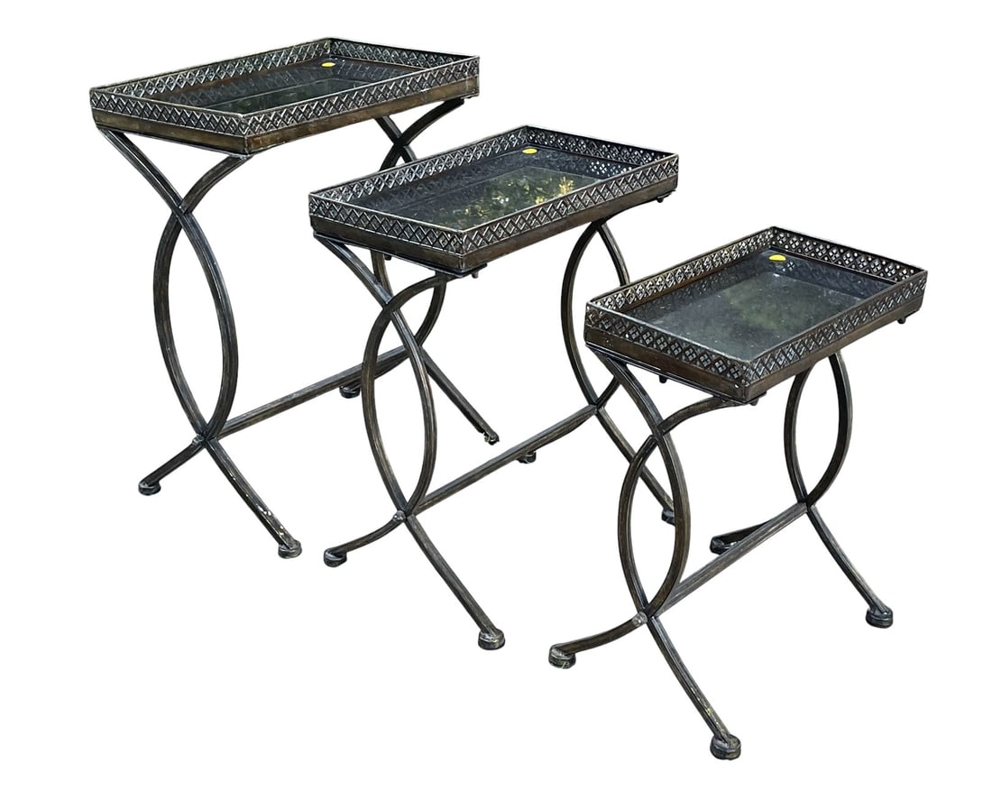 FRENCH ART DECO STACKING TABLES: Set of 3 Matching French Art Deco Stacking Tables. All with scrolling Legs and Pierced Galley Tops.Largest 18 1/4"x12 1/2"x 24 3/4" tall. Middle 16 1/4"x10 1/4"x21 1/2" tall. Smallest 14 1/2"x 8 1/4"x