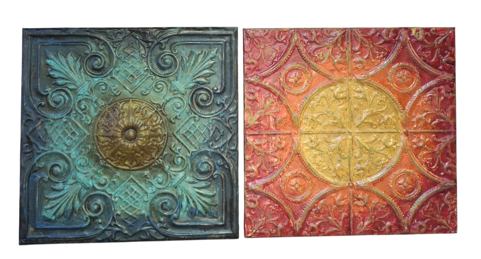 2 ANTIQUE AMERICAN HISTORIC TIN CEILING TILES WOOD MOUNTED: 2 Antique American Historic Tin Ceiling Tiles from the Charleston Market Tin Works. The red is from a 1913 church in Hillsboro, Texas and the Green from a1903 church in Bigler, PA. Both are mounted to