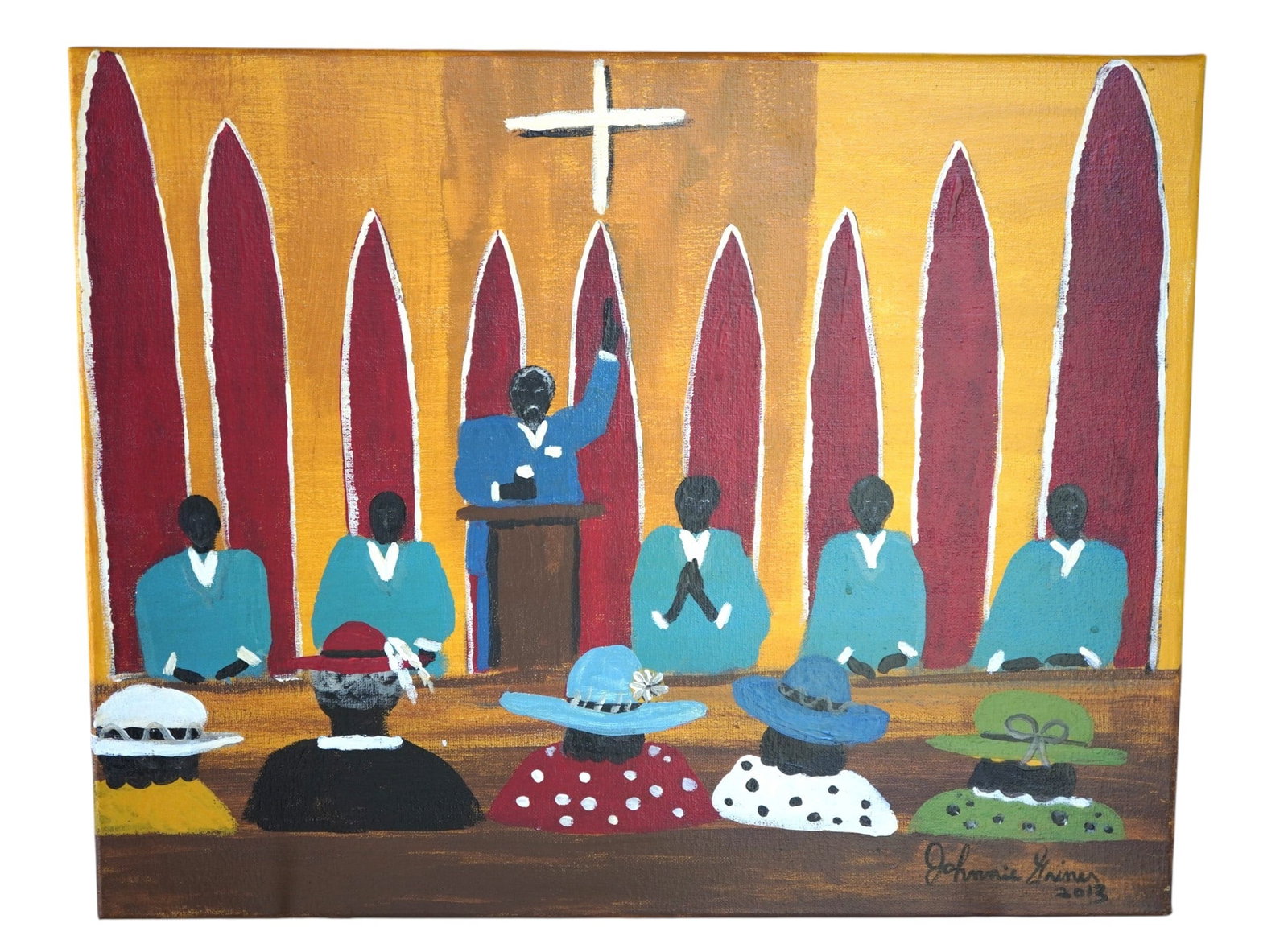 JOHNNIE GRINER GULLAH ORIGINAL AT CHURCH PAINTING: Johnnie Griner Original Gullah Folk Art "At Church" Painting on Canvas. Johnnie Griner is a Lowcountry, South Carolina?based painter known for works that capture the culture, landscapes, and people of