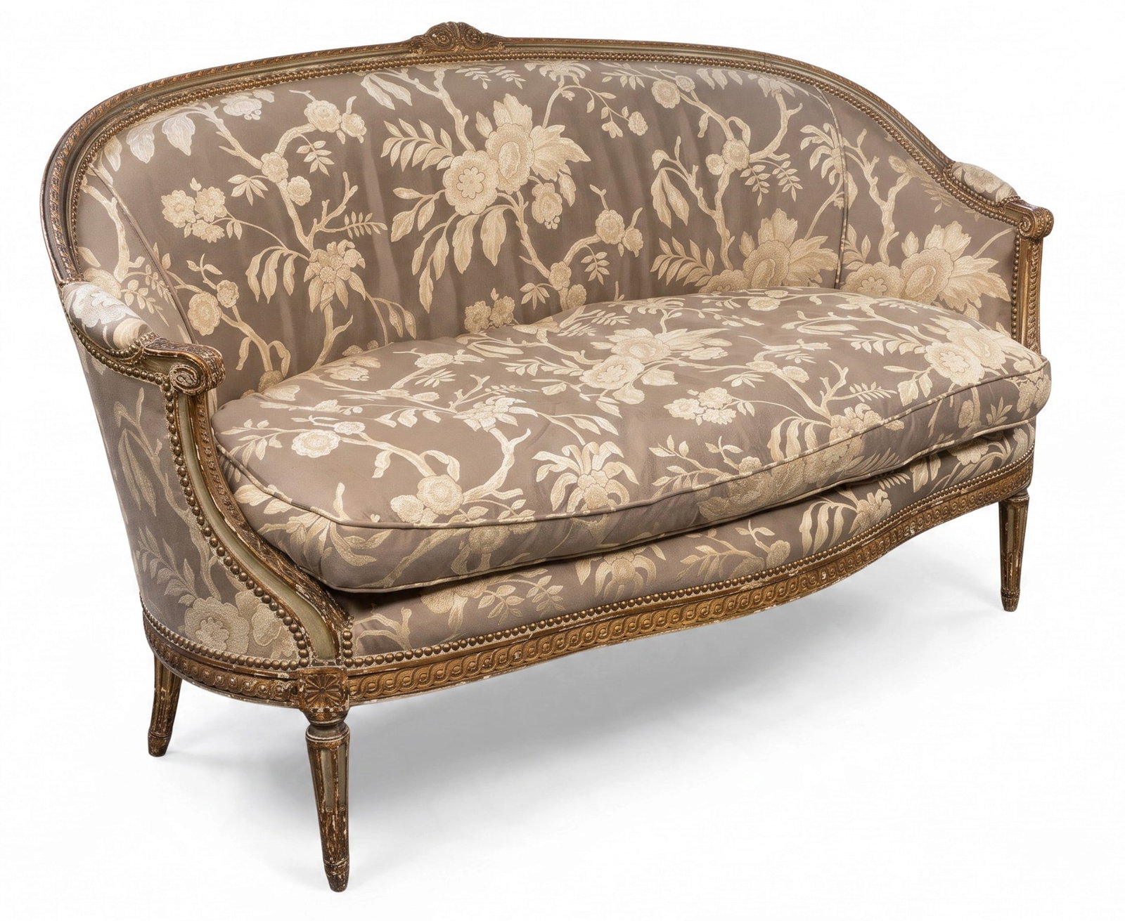 ANTIQUE CARVED FRENCH LOUIS XVI CANAPE SETTEE: Antique French Louis XVI Canape Settee. Upholstered in a stunning floral textured brocade. Down filled pillow top. Purchased at Queen Charlotte Antiques, Queen Street, Charleston. Measures 64"x30"x38"