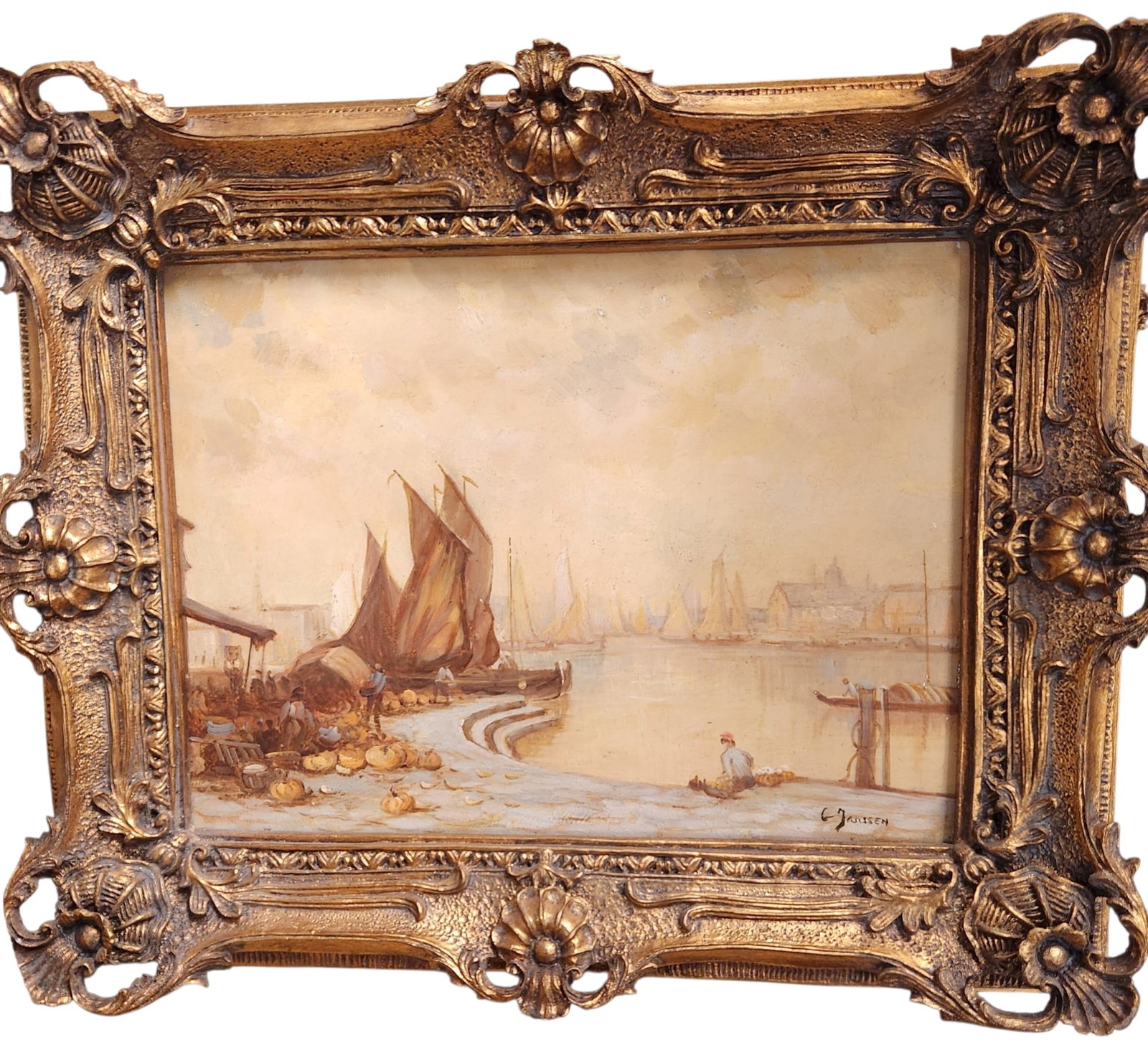 DUTCH HARBOR SCENE OIL ON PANEL G. JANSSEN: Late 19th, early 20th c. Dutch Harbor Scene Oil on Panel signed lower right G. Janssen. A calm harbor featuring gaff rigged wooden fishing boats, docks and figures. In stunning ornate carved giltwood 