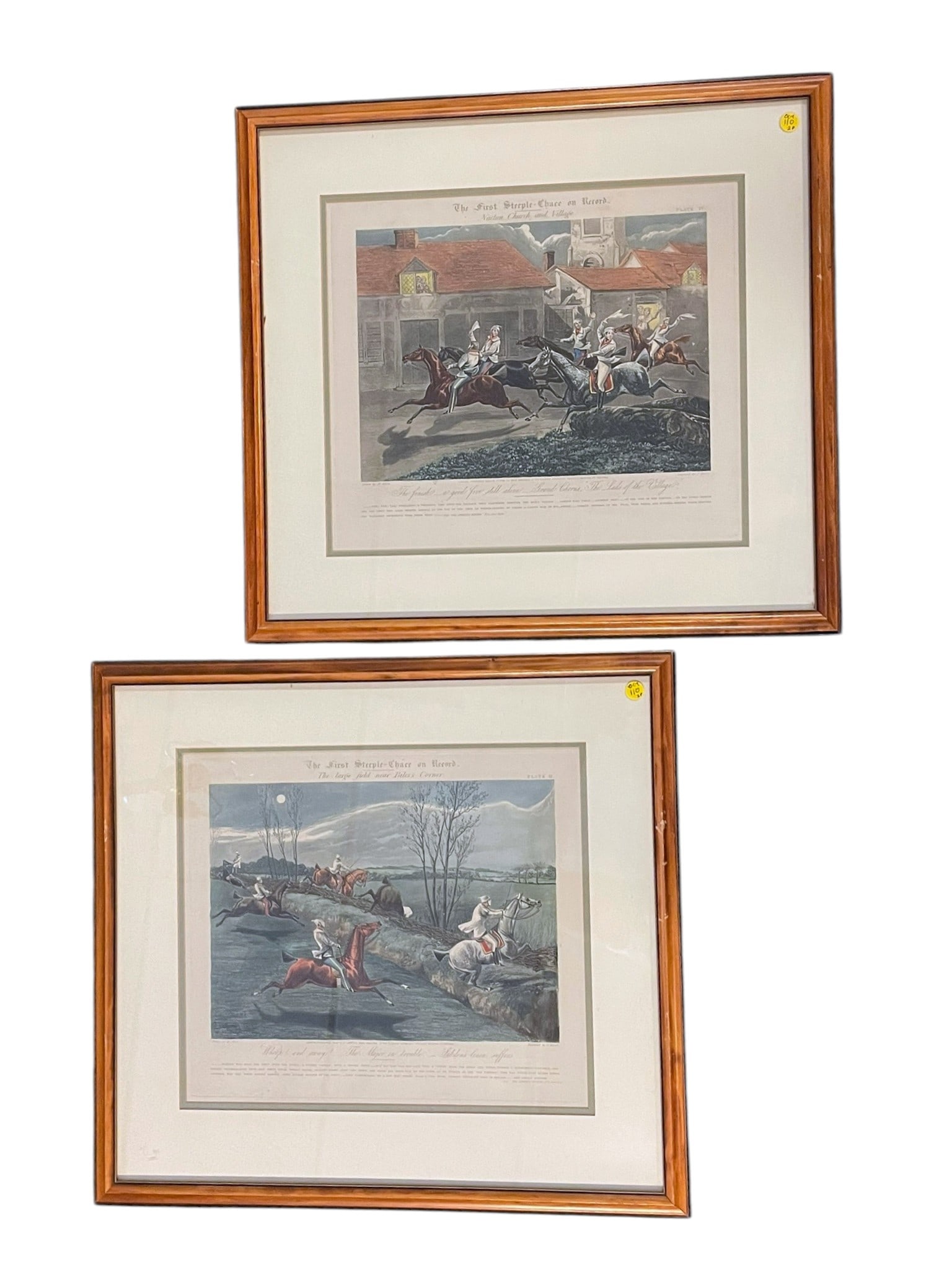 PAIR AQUATINT ENGRAVINGS THE FIRST STEEPLECHASE ON RECORD: Pair of Antique Aquatint Engravings "The First Steeplechase on Record" (1839), drawn by Henry Alken, engraved by John Harris, and published by Ben Brooks.Professionally framed. In frame they measure 2