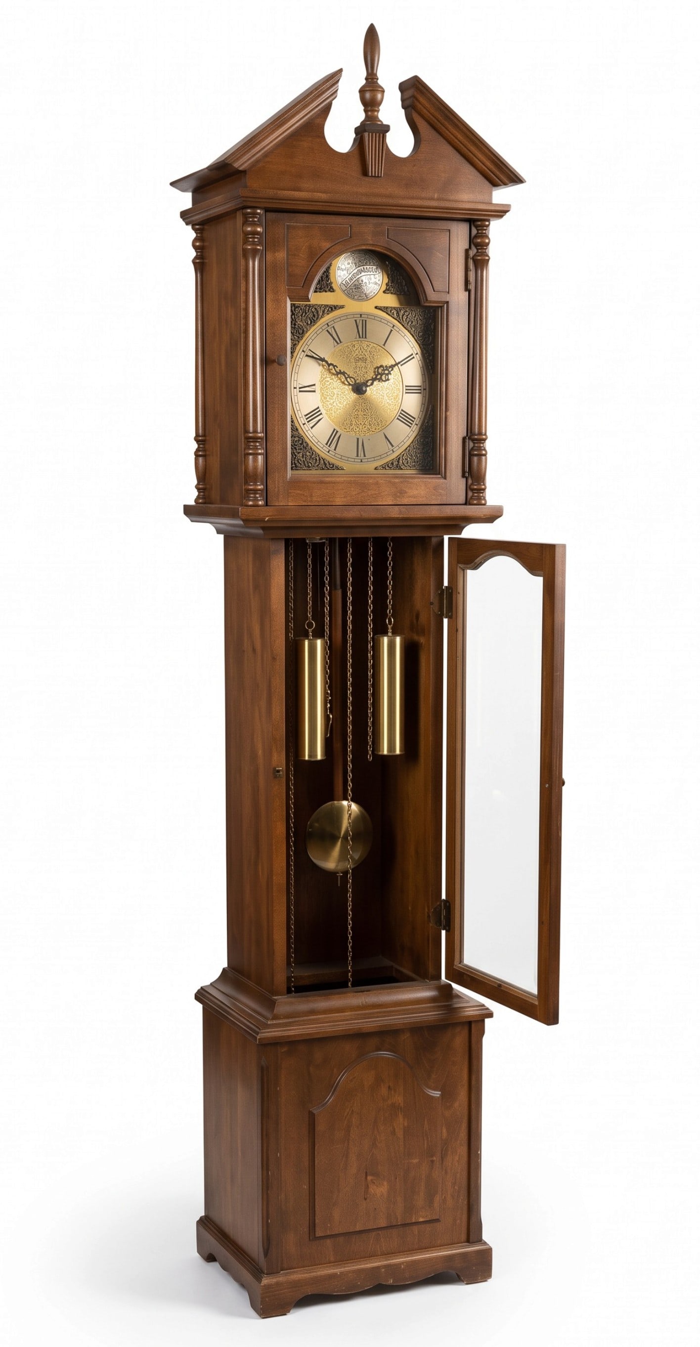 VINTAGE RIDGEWAY GRANDDAUGHTER CLOCK: Vintage Ridgeway Tempus Fugit Granddaughter Clock. With weights and pendulum, no key. Measures 15"x10 1/2"x71". Provenance: Gippy Plantation, Avenue of Oaks, Berkeley County, SC. **In house shipping a
