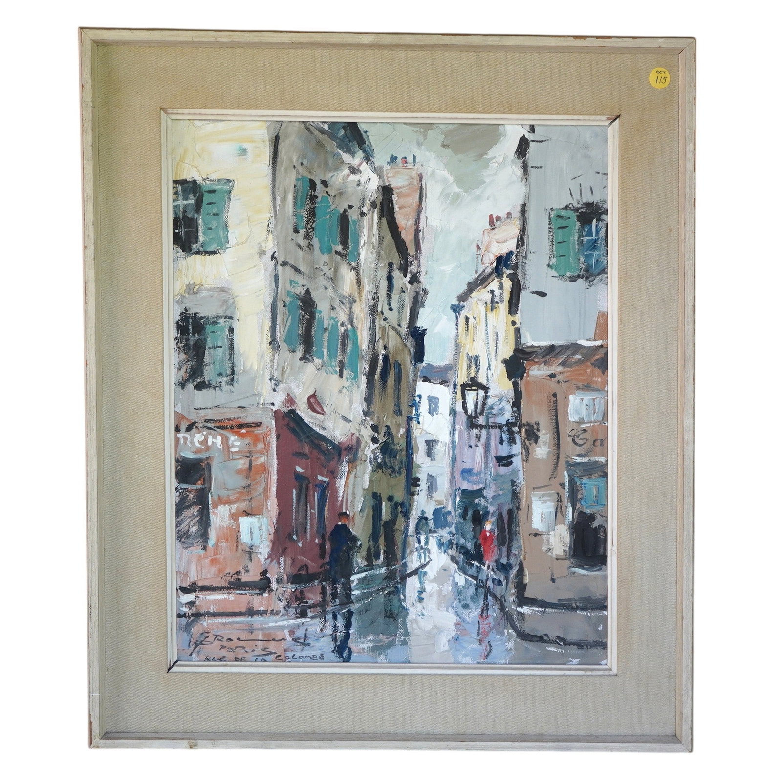 MID CENTURY FRENCH IMPASTO OIL RUE DE LA COLOMBE: Mid Century French Impasto Oil Painting Paris - Rue de la Colombe. Artist signed, signature illegible. In white wood frame. In frame measures 22"x26"x1 1/2". Weight 5 lbs. **In house shipping availabl