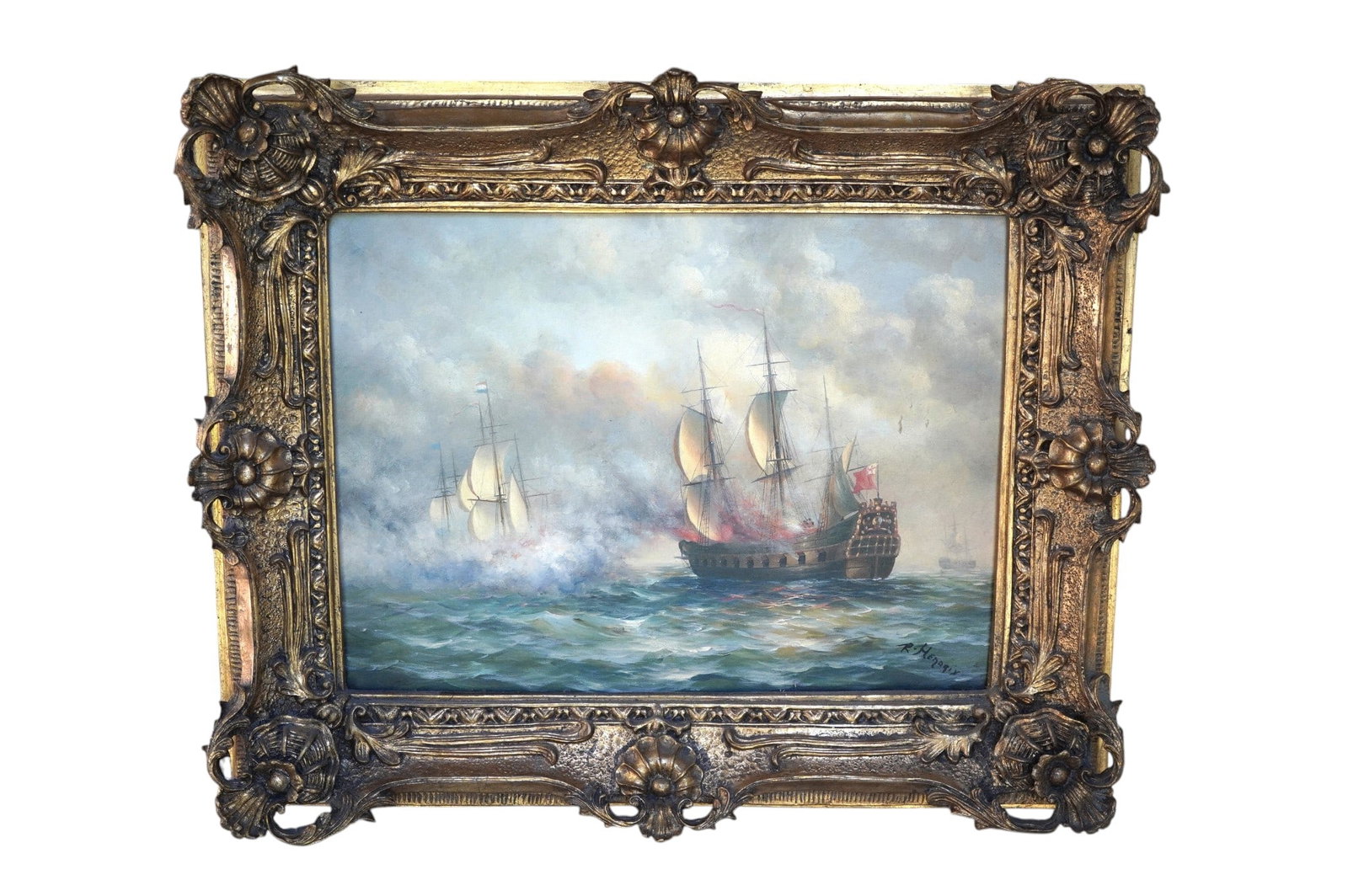 ANTIQUE DUTCH NAVAL BATTLE OIL ON CANVAS: Antique c. 1900 Dutch Naval Battle at Sea with square rigged galleons. Signature R. Henerix. In ornate antique giltwood and gesso frame. In frame measures 22"x18"x2. Weight 7 lbs. **In house shipping 