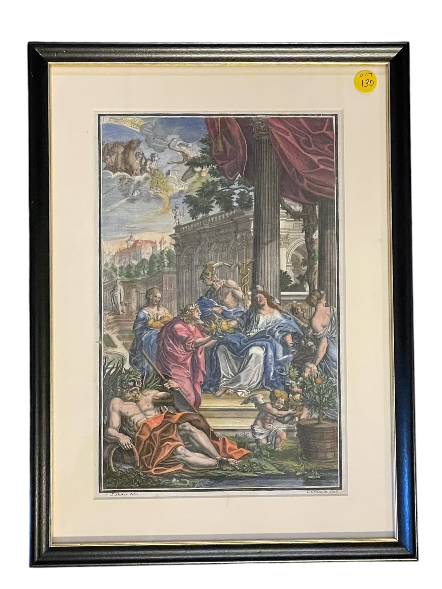 HAND COLORED c 1708 BAROQUE ALLEGORY ENGRAVING by PAUL DECKER: Antique Original Circa 178 Hand Colored Engraving by the German architect and printmaker Paul Decker, the frontispiece from Hesperidum Norimbergensium by Johann Christoph Volkamer. An elaborateBaroque