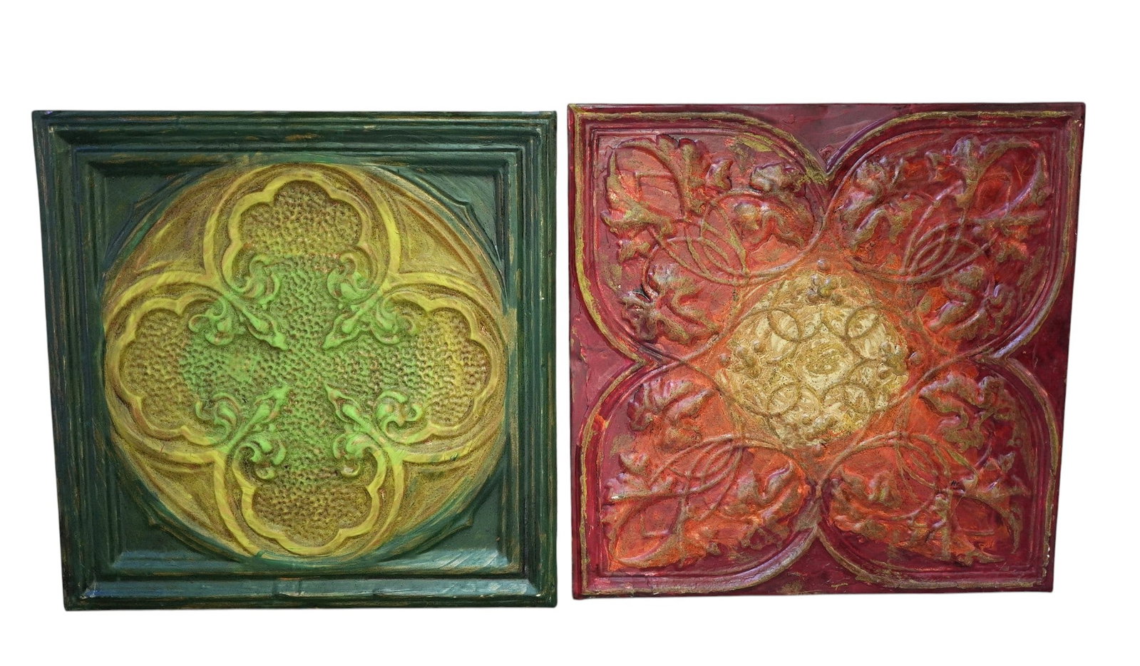 2 ANTIQUE AMERICAN HISTORIC TIN CEILING TILES WOOD MOUNTED: 2 Antique American Historic Tin Ceiling Tiles from the Charleston Market Tin Works. The red is from Mount de Chantel 1865 in Wheeling WV. The Greene is unknown. Both mounted to wood frames.Charleston 