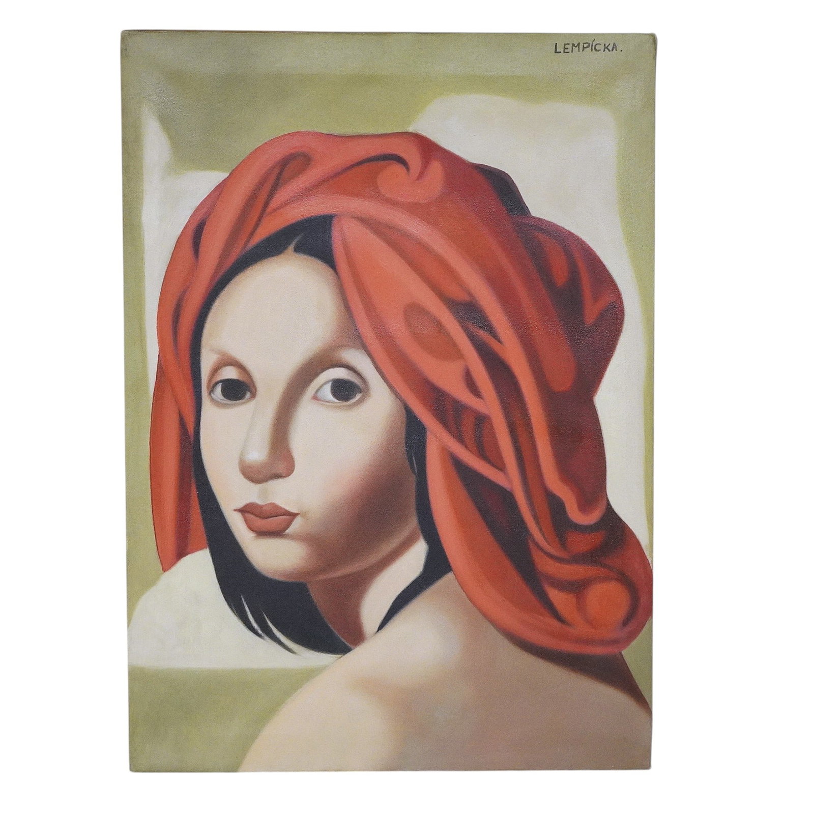 AFTER TAMARA DE LEMPICKA THE ORANGE TURBAN II: Oil on Canvas After Tamara de Lempicka "The Orange Turban II". Tamara de Lempicka's The Orange Turban II (c. 1945) is an oil-on-canvas Art Deco portrait of an elegantly posed young woman, the original