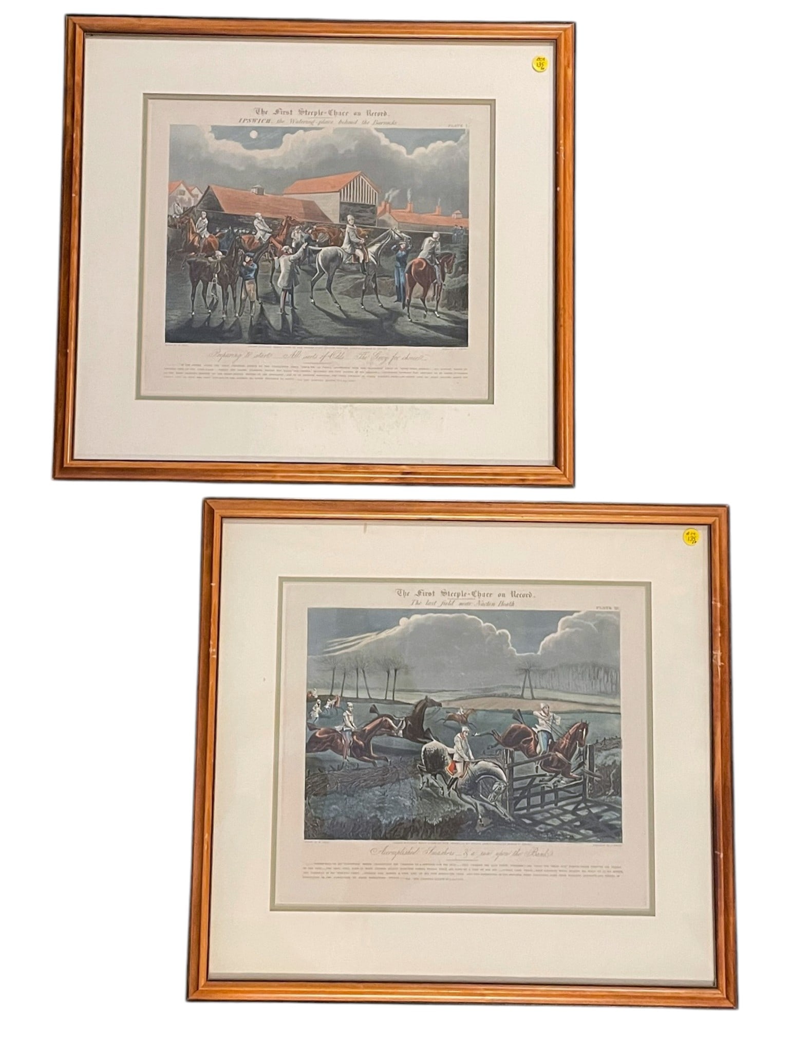 PAIR AQUATINT ENGRAVINGS THE FIRST STEEPLECHASE ON RECORD: Pair of Antique Aquatint Engravings "The First Steeplechase on Record" (1839), drawn by Henry Alken, engraved by John Harris, and published by Ben Brooks.Professionally framed. In frame they measure 2