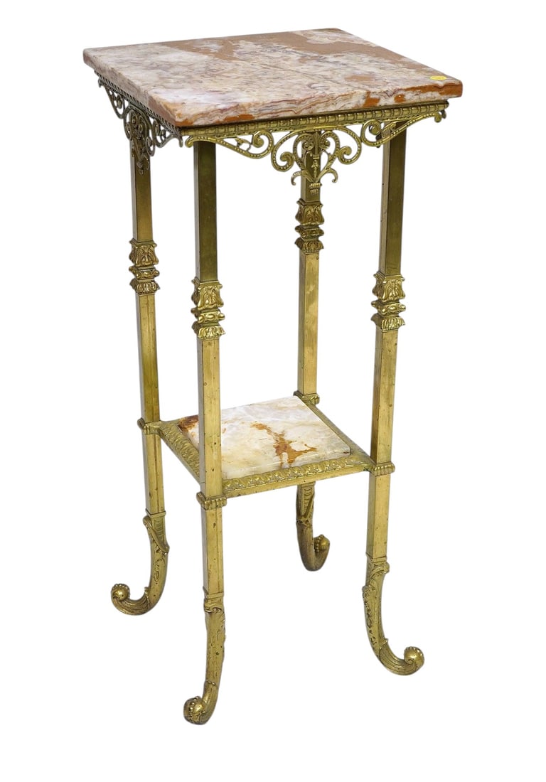 ANTIQUE AESTHETIC BRASS AND ONYX PLANT STAND: Antique Brass and Onyx Plant Stand in the Aesthetic Style. Measures 14"x14"x33". Provenance: Gippy Plantation, Avenue of Oaks, Berkeley County, SC. **In house shipping available on this lot** If you w
