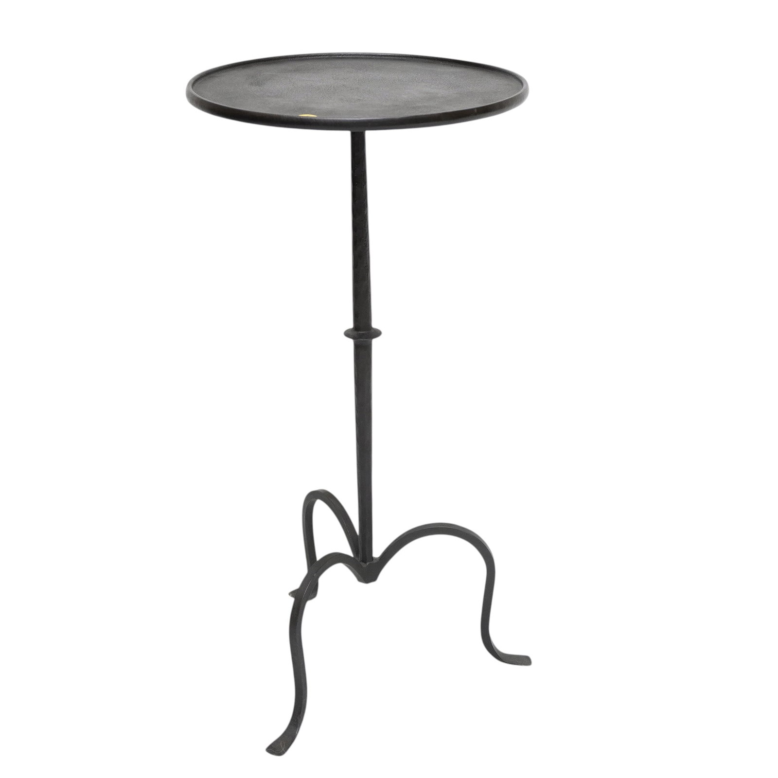 SPANISH HAND FORGED IRON DRINKS / MARTINI TABLE: Elegant Spanish Black Iron Round Drinks / Martini table. Hand forged from iron it features a stem with a central ring detail mounted on a sturdy tripod base with curved legs. A rolled frame encircles 