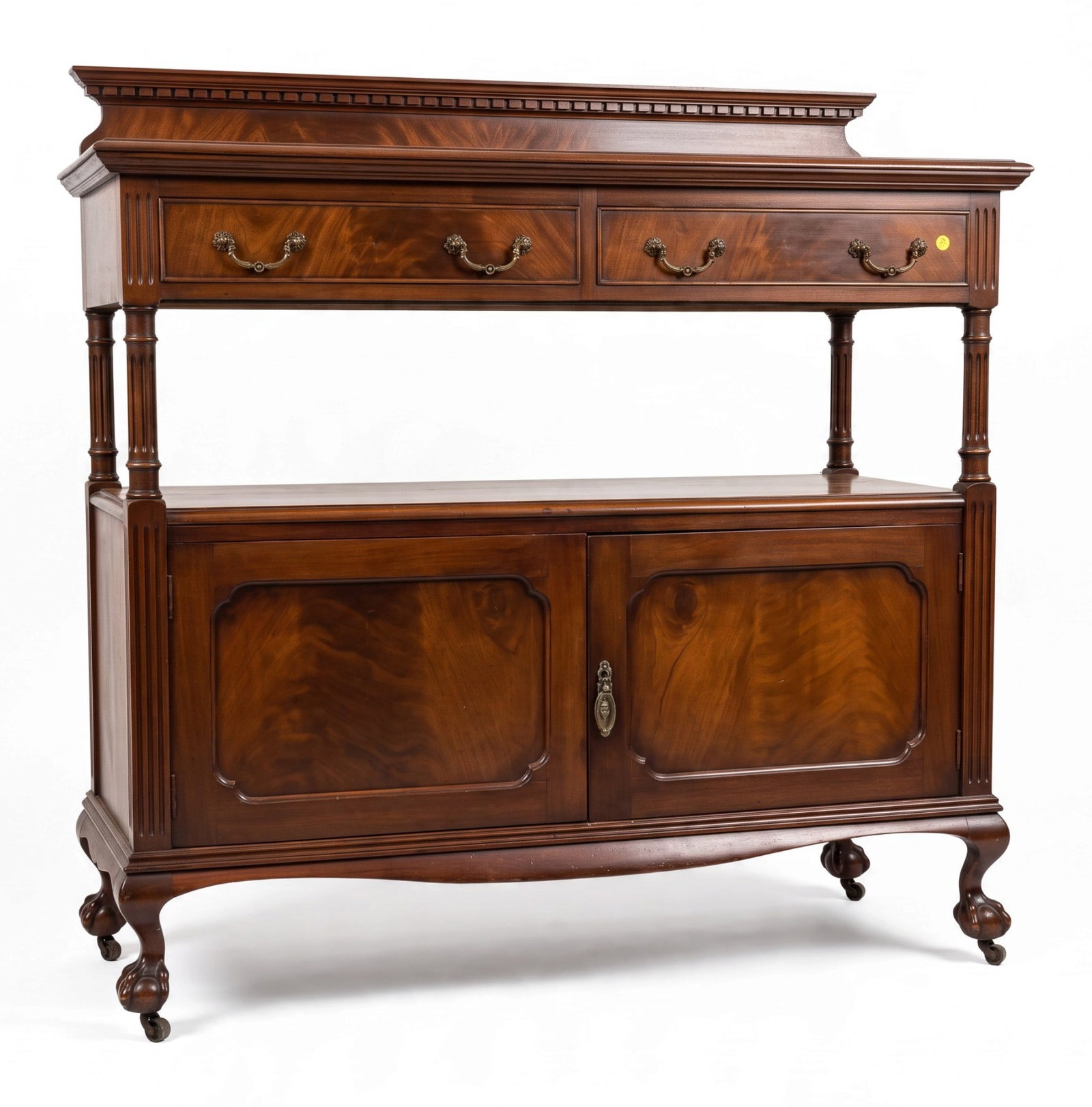 ENGLISH MAHOGANY SERVER DUMBWAITER: Antique English Mahogany Server Buffet. Two Drawers (one is a silver drawer) over an open cupboard area with two panel cupboard doors below, on ball and claw feet. Measures 47 3/4" x22"x48 3/4" tall. 