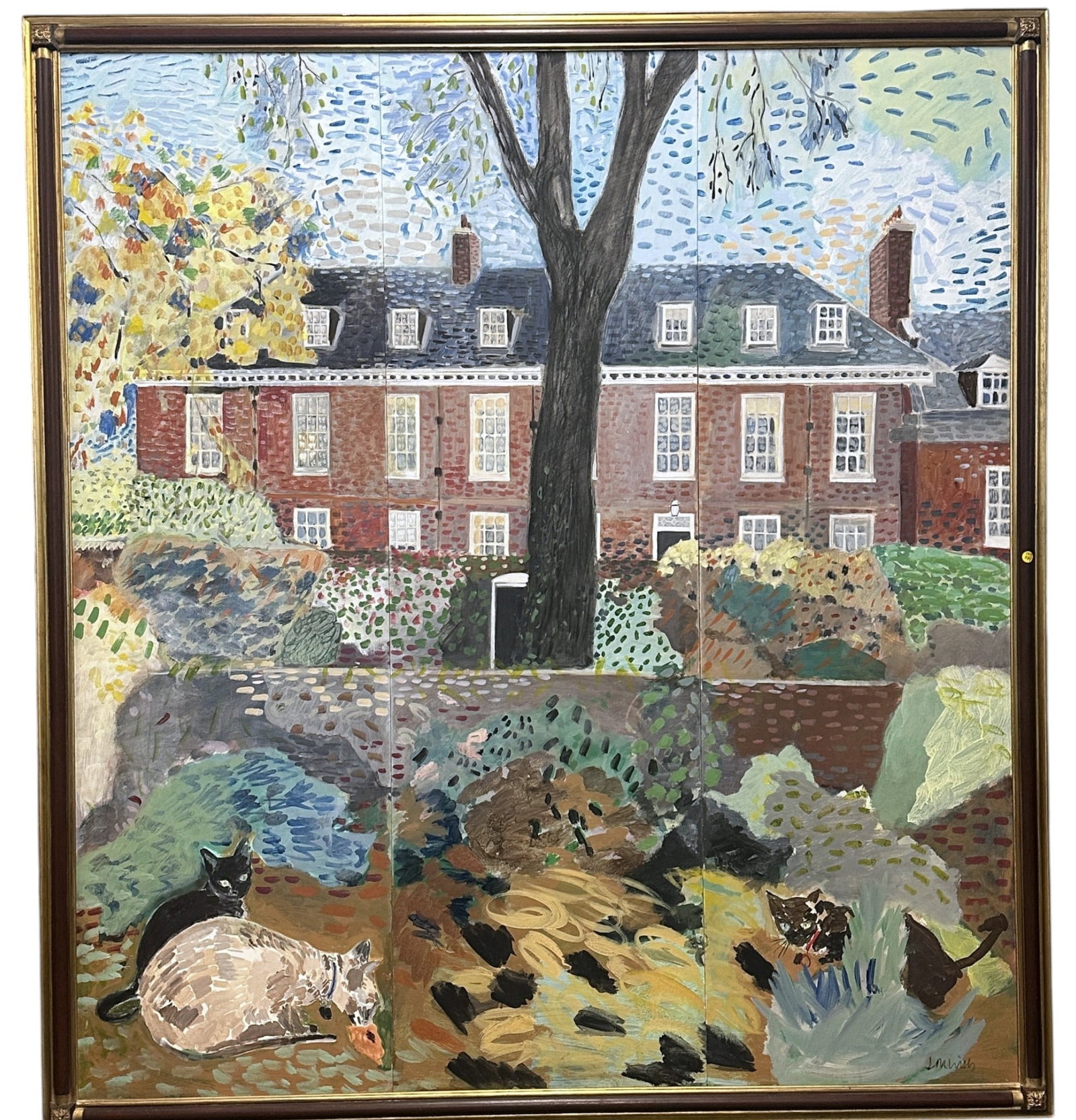 MONUMENTAL JOANNA WILLS KEW GARDENS LONDON PAINTING: Monumental Joanna Wills Painting of a Kew Garden, London Home with Garden and Cats.Joanna Wills is a London-based artist known for expressive acrylic and mixed?media paintings, with works available th