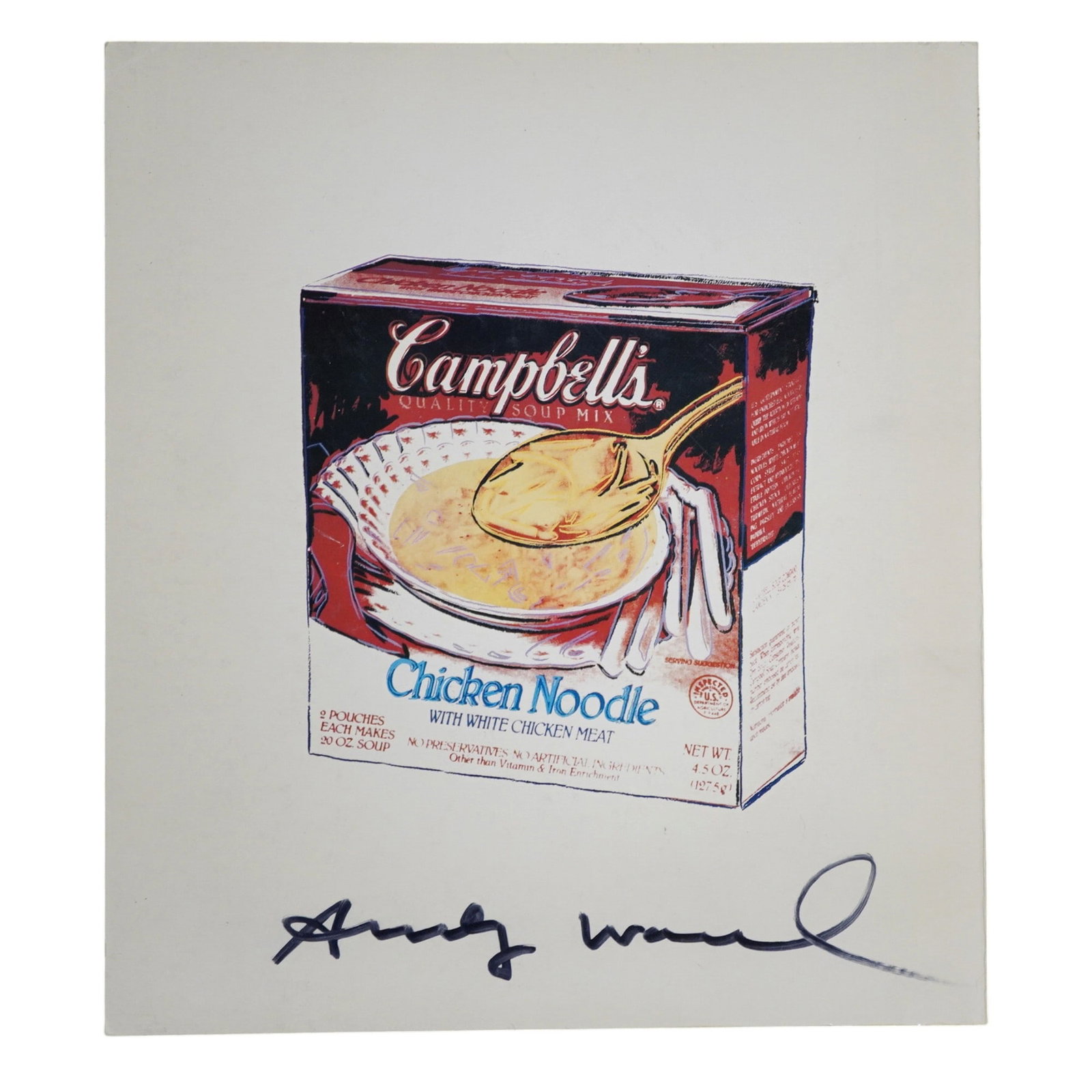 ANDY WARHOL SIGNED SOUP BOXES EXHIBITION ANNOUNCEMENT: Andy Warhol marker signed "Soup Boxes" exhibition announcement. Printed for a 1986 exhibition at Martin Kohn Gallery of Warhol's Campbell's Soup Boxes series. 9 3/4" x 11". Weight 3 oz. In good condit