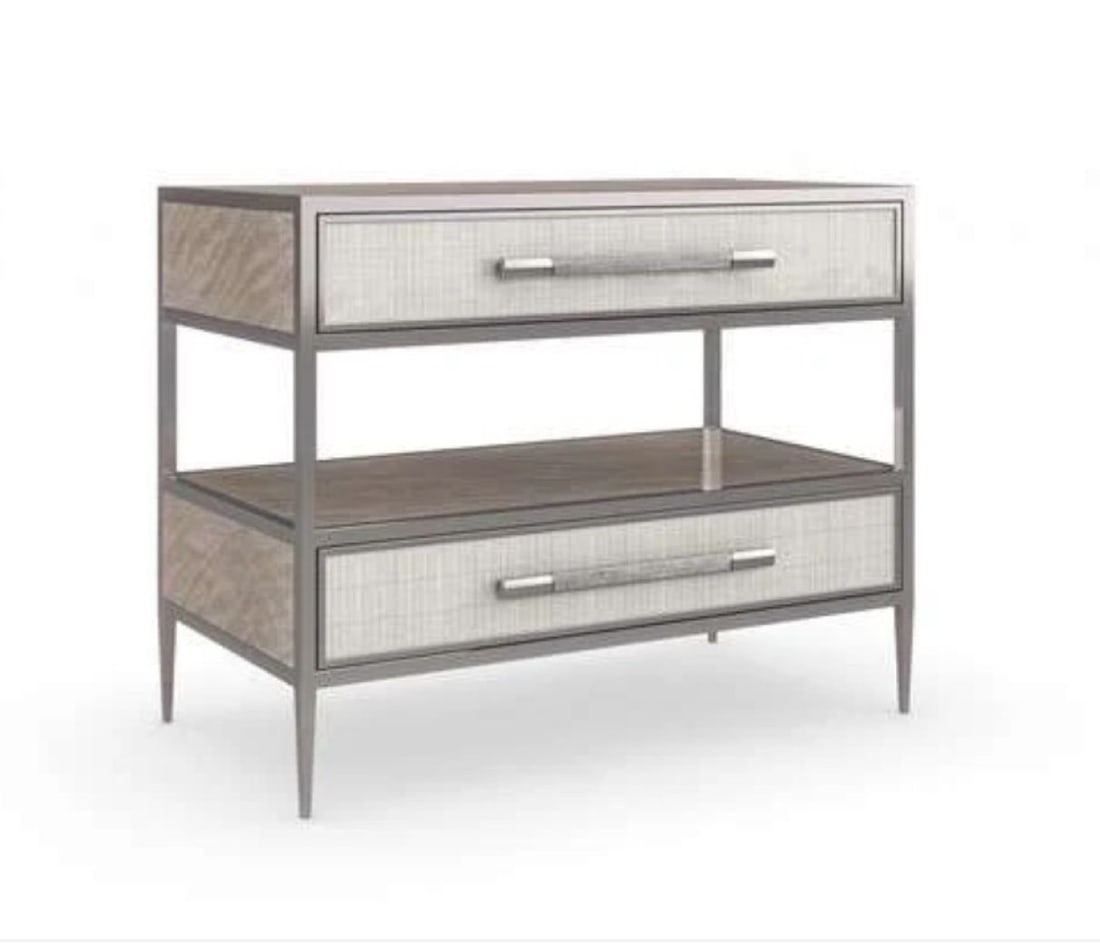 CARACOLE FURNITURE DUAL IMPRESSIONS NIGHTSTAND: With its visually intriguing design and innovative mix of materials, this bedside table makes a luxe, organic statement. At the center of attention: Albino drawer fronts, hand-stamped with a cross-hat